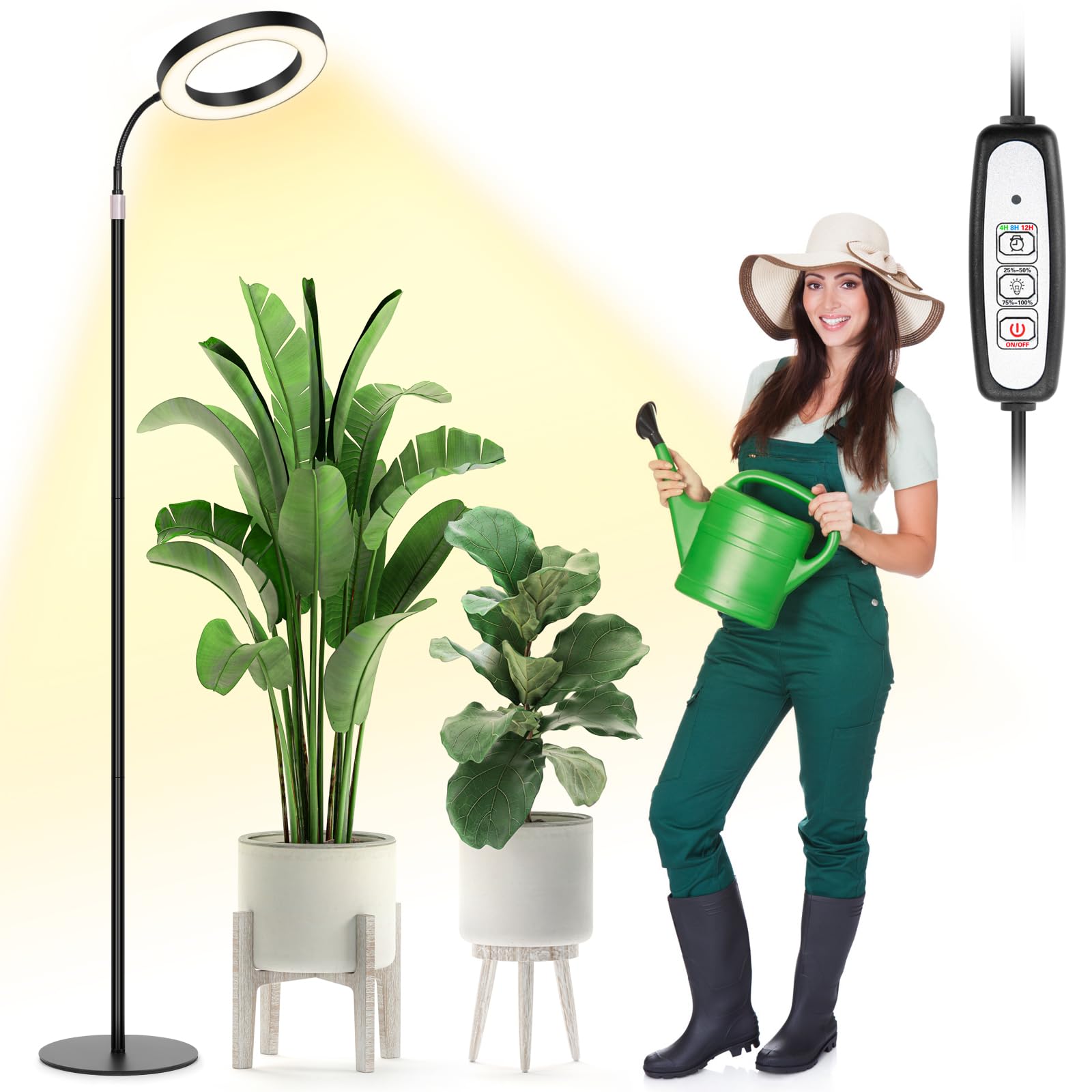 Lbw Grow Lights For Indoor Plants Full Spectrum With Stand, Floor Plant Growing Lamp For Large Plants, Auto On/Off Timer 4/8/12H, 4 Dimmable Levels, 47.2-63 Inches Adjustable Height