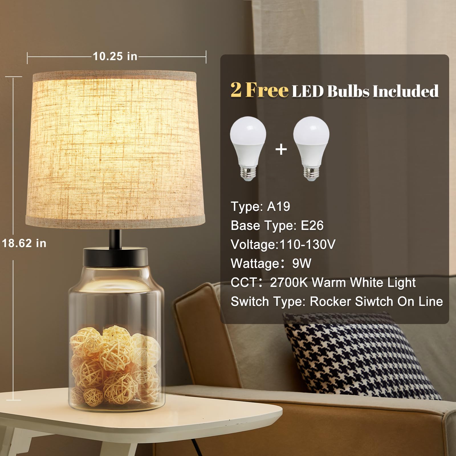 GyroVu Table Lamp Set of 2, Clear Glass, Metal, Oat Lampshade, Model B0CY523GJ2, Nightstand Lamps for Living Room and Bedroom