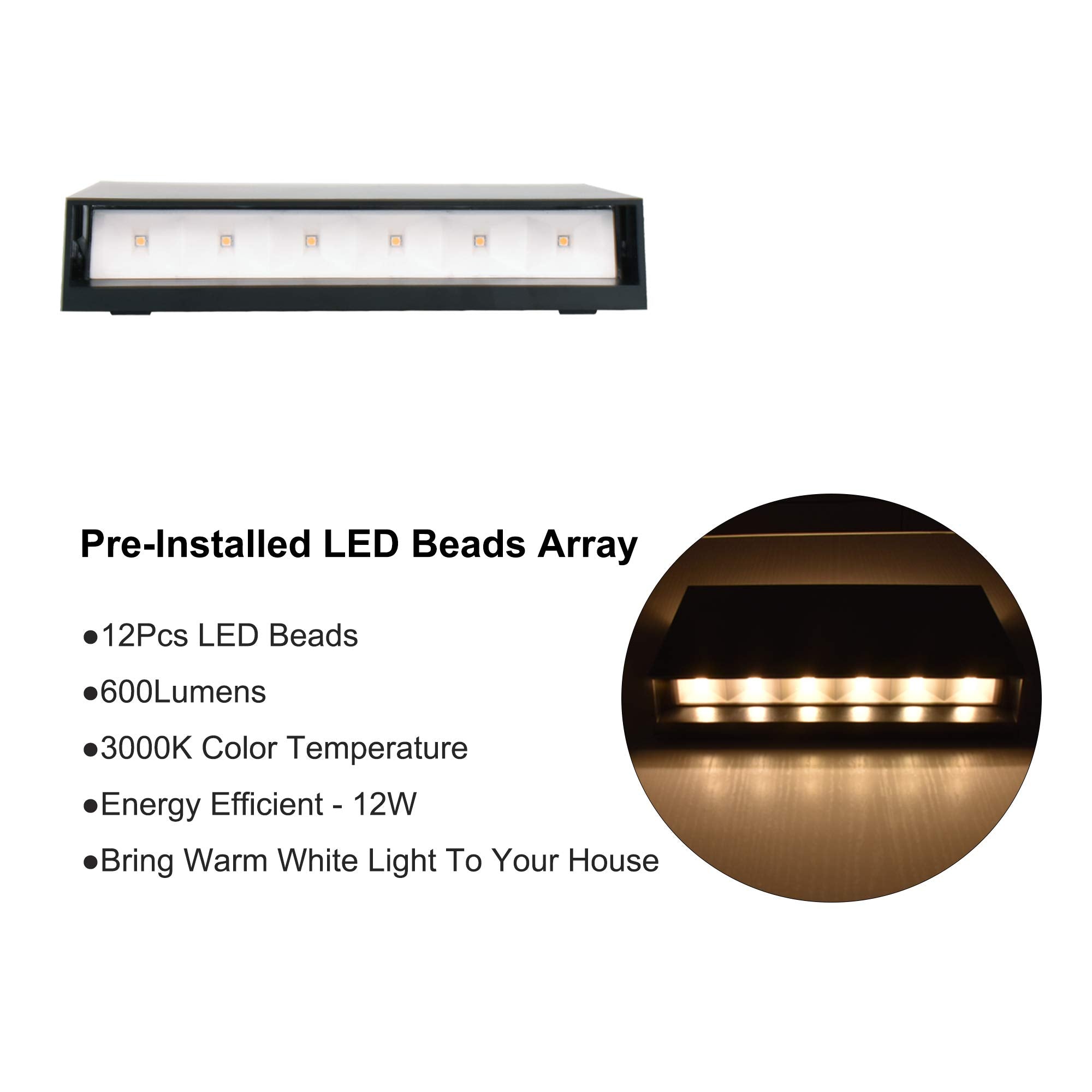 FUDESY LED Wall Sconce, Modern Indoor Outdoor Light Fixture, 3000K Warm White, Black Plastic, 2-Pack