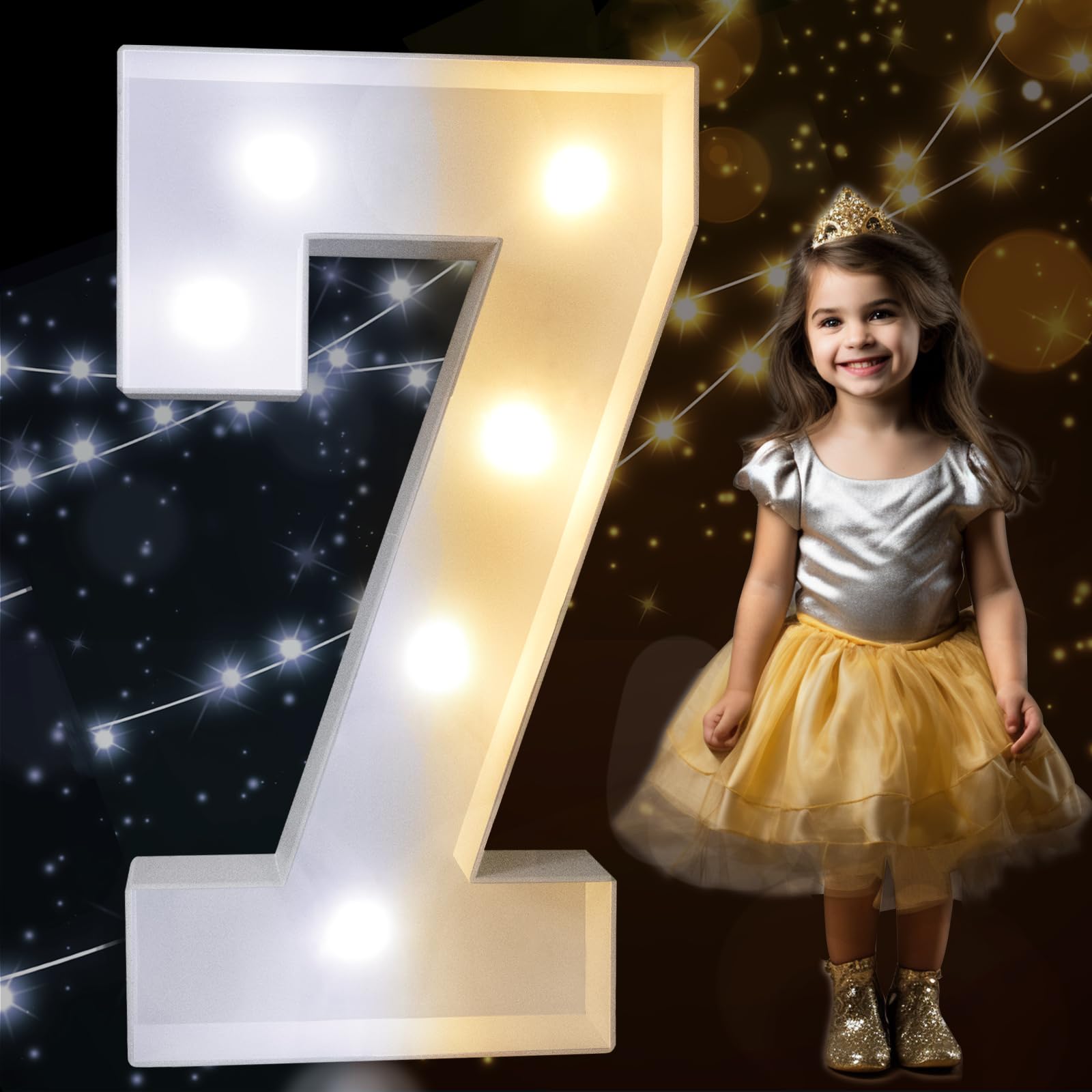 Pooqla 3FT Light Up Marquee Number 7, Cool White & Warm White LED, Plastic, Model 3FT-FXDJ 2W-7, Birthday Party Decoration