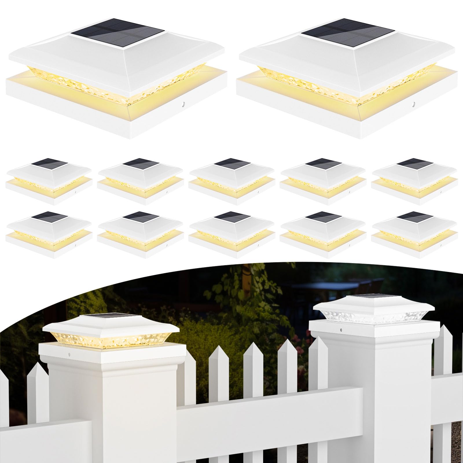 TSUNESLUX 12 Pack 5x5 Fence Post Solar Lights - Outdoor Waterproof White Solar Post Cap Lights for 5.5x5.5 Vinyl Posts for Deck/