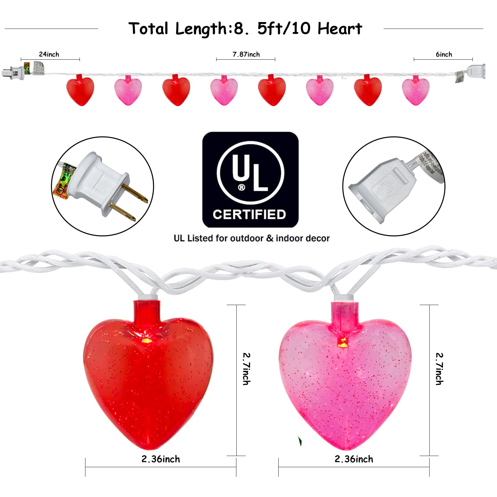 GOOTHY Heart String Lights - 8.5Ft Pink & Red Glitter Heart Fairy Lights for Valentine's Day Decor, Indoor/Outdoor Use