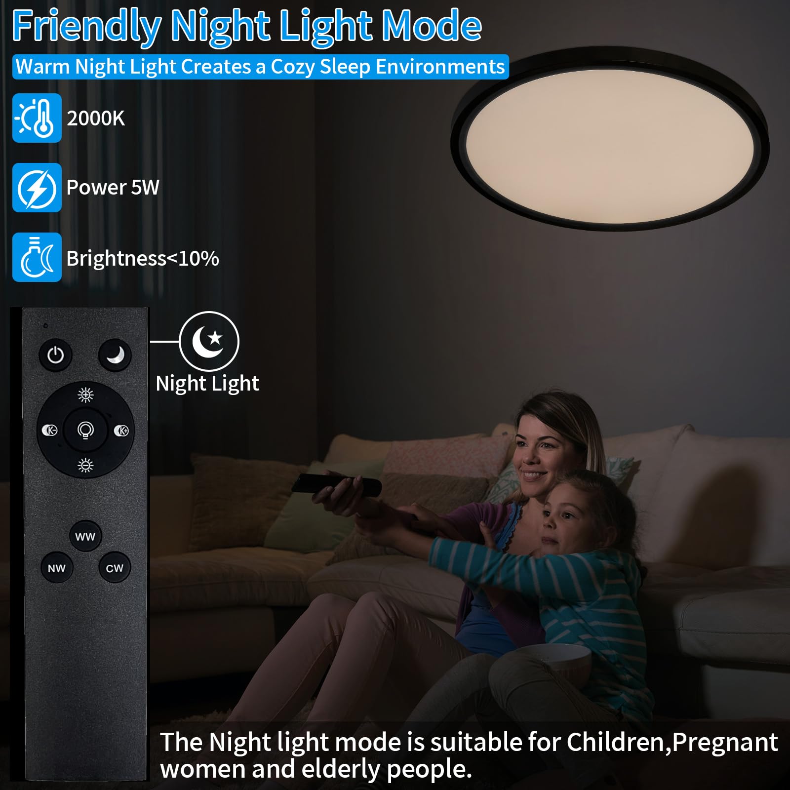 HOVENLA LED Ceiling Light Fixture 15 Inch, 36W, Dimmable, 3000K-6500K, Black, Model LT1371-T01