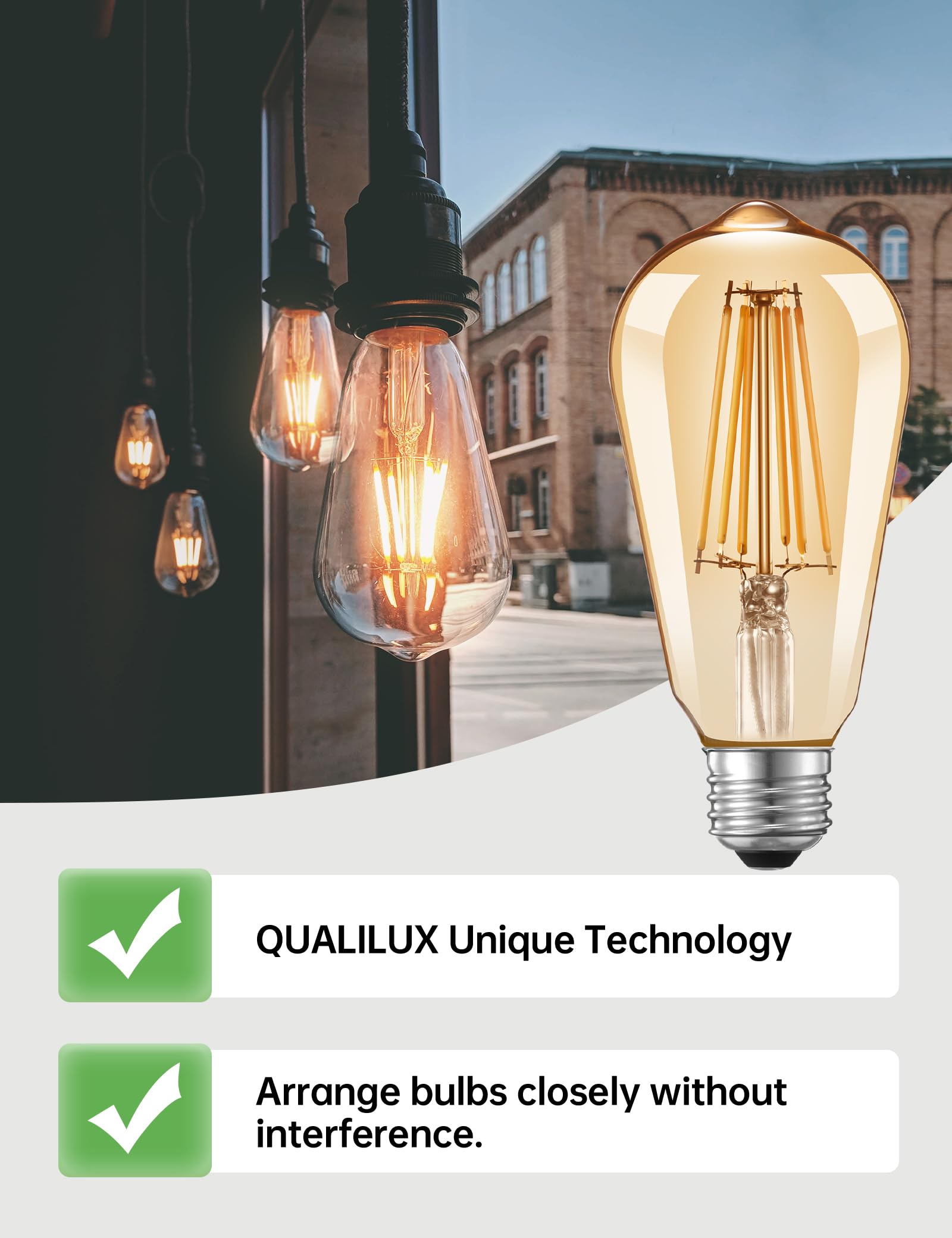 Qualilux Edison Light Bulbs, Vintage Amber Glass, 6.5W=60W, Auto On/Off, 2-Pack, E26, 700LM, Non-Dimmable