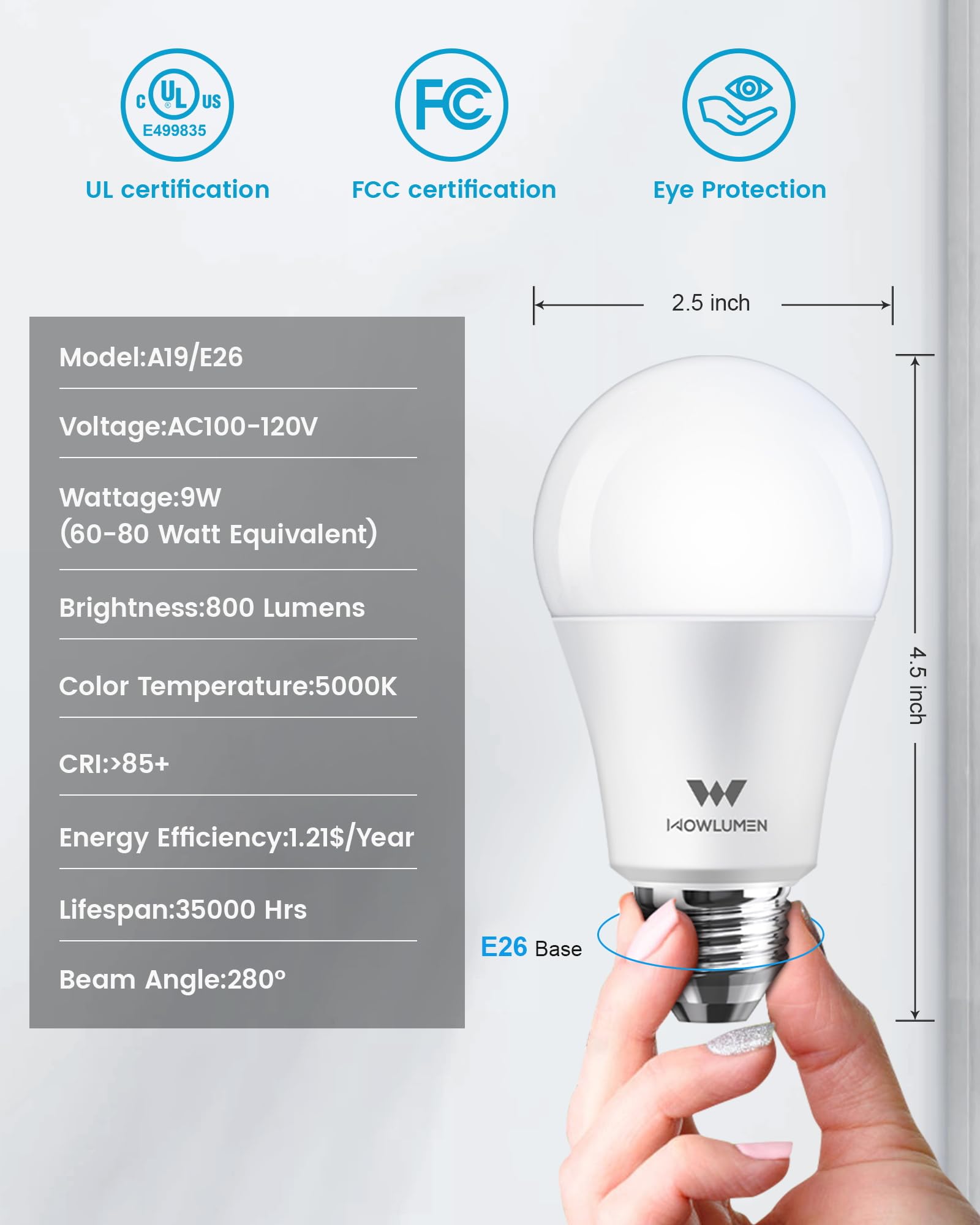 Wowlumen A19 Led Light Bulb,9W E26 Light Bulbs(60 Watt/80 Watt Equivalent),5000K Daylight,Non-Dimmable,800Lm Standard Base For B