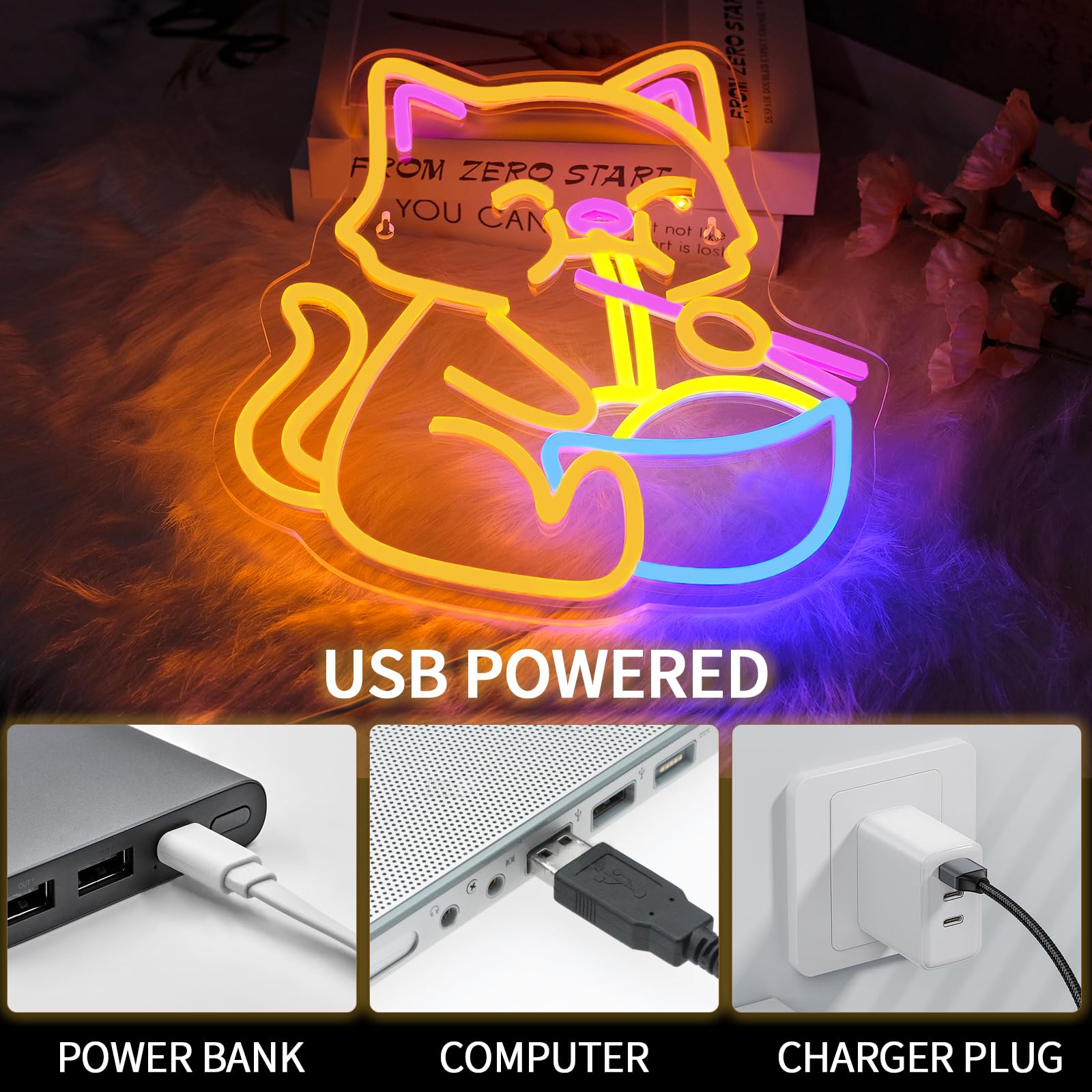 Virlusy Cat Ramen Neon Sign - Dimmable LED Wall Decor, Medium Acrylic, Yellow & Blue, Model YL-Cat, USB Powered for Home & Bar