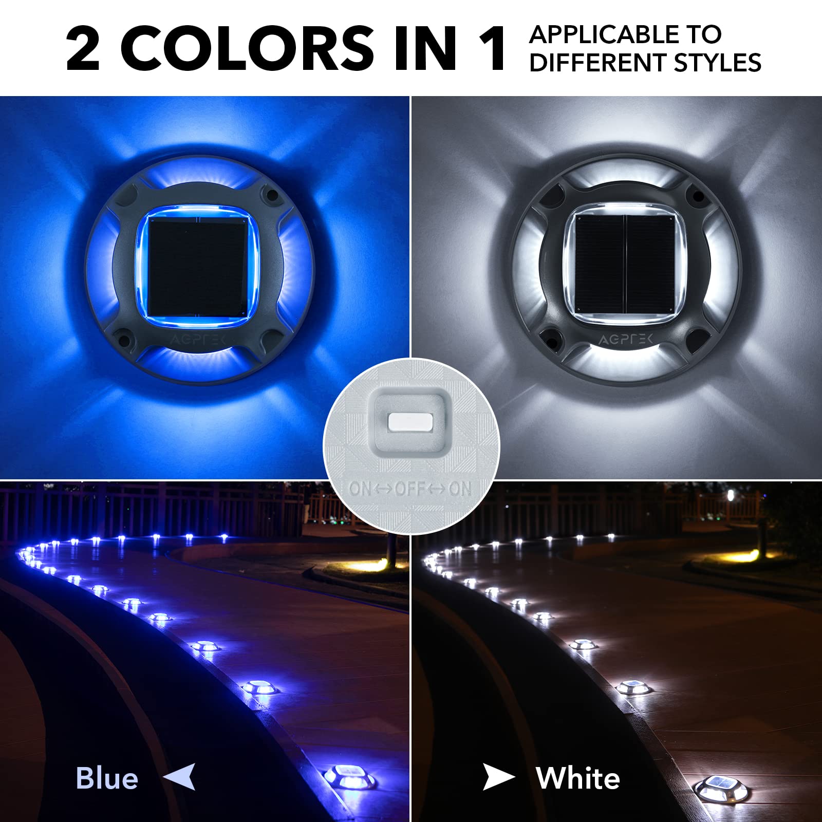 AGPTEK Solar Driveway Lights 12 Pack, Waterproof Aluminum Dock Lights, Blue & Cool White, Model SLD-MX