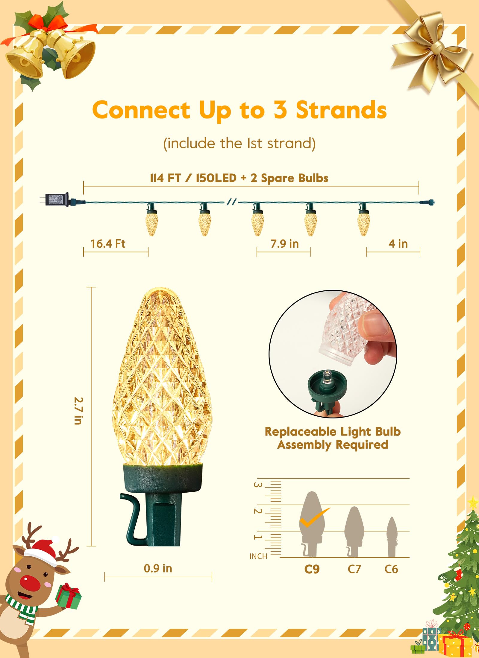 Brightown C9 Christmas Lights - 114FT 150 LED Warm White String Lights, Waterproof, Timer, 8 Modes, Model GY-C9-X-33-3B