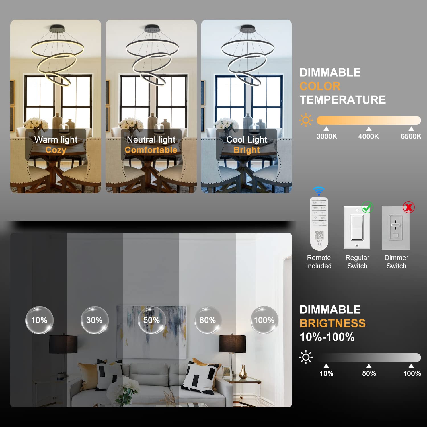 XGZL · LIGHTING Modern LED Chandelier, Dimmable 3-Rings, Black, Remote Control, 3000K-6500K for Living Room, Bedroom, Foyer