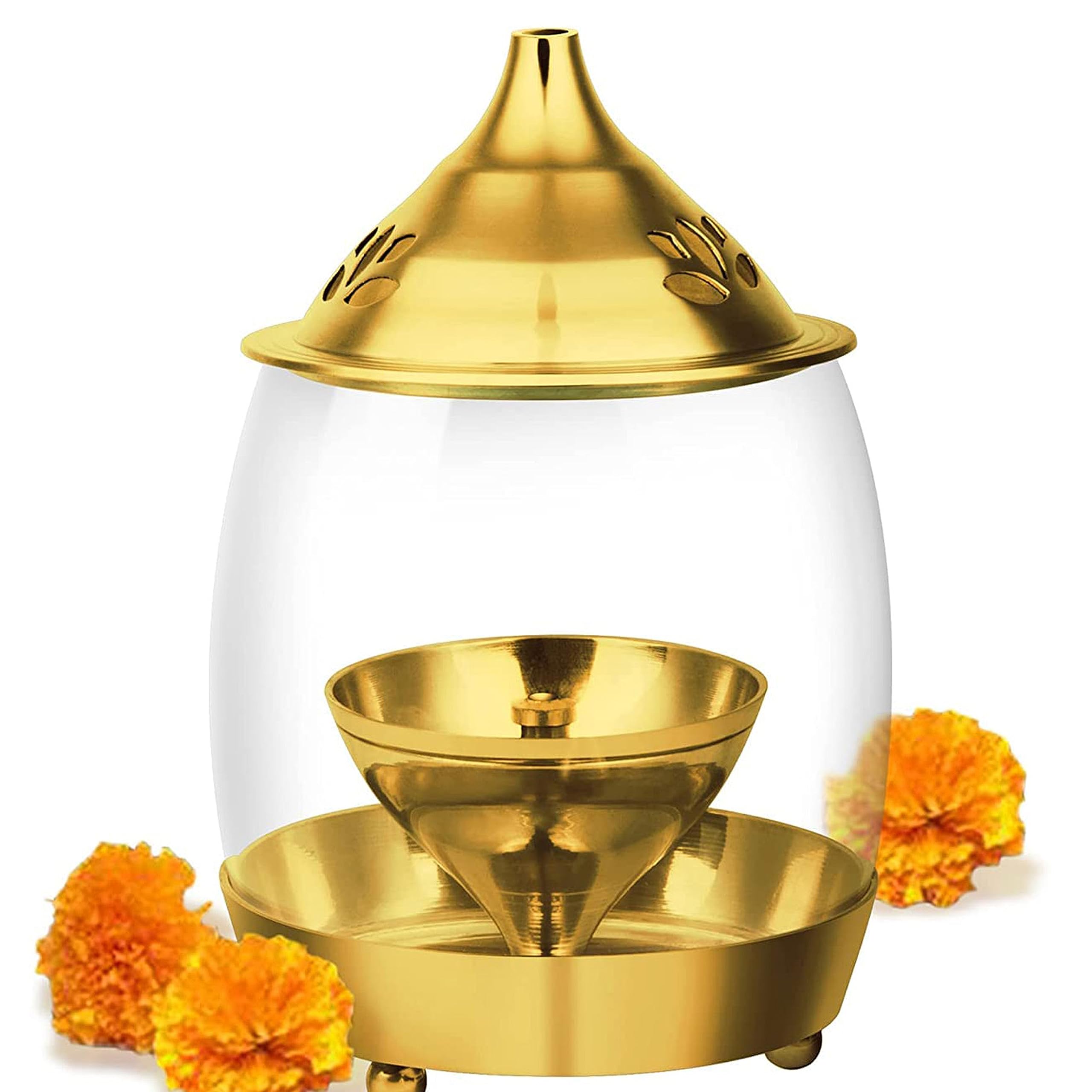 Ein Sof Decorative Brass Diya for Puja with Curved Glass Cover - 6.5 inch Home Decoration Oil Pooja Akhand Diyas , Big Size Room