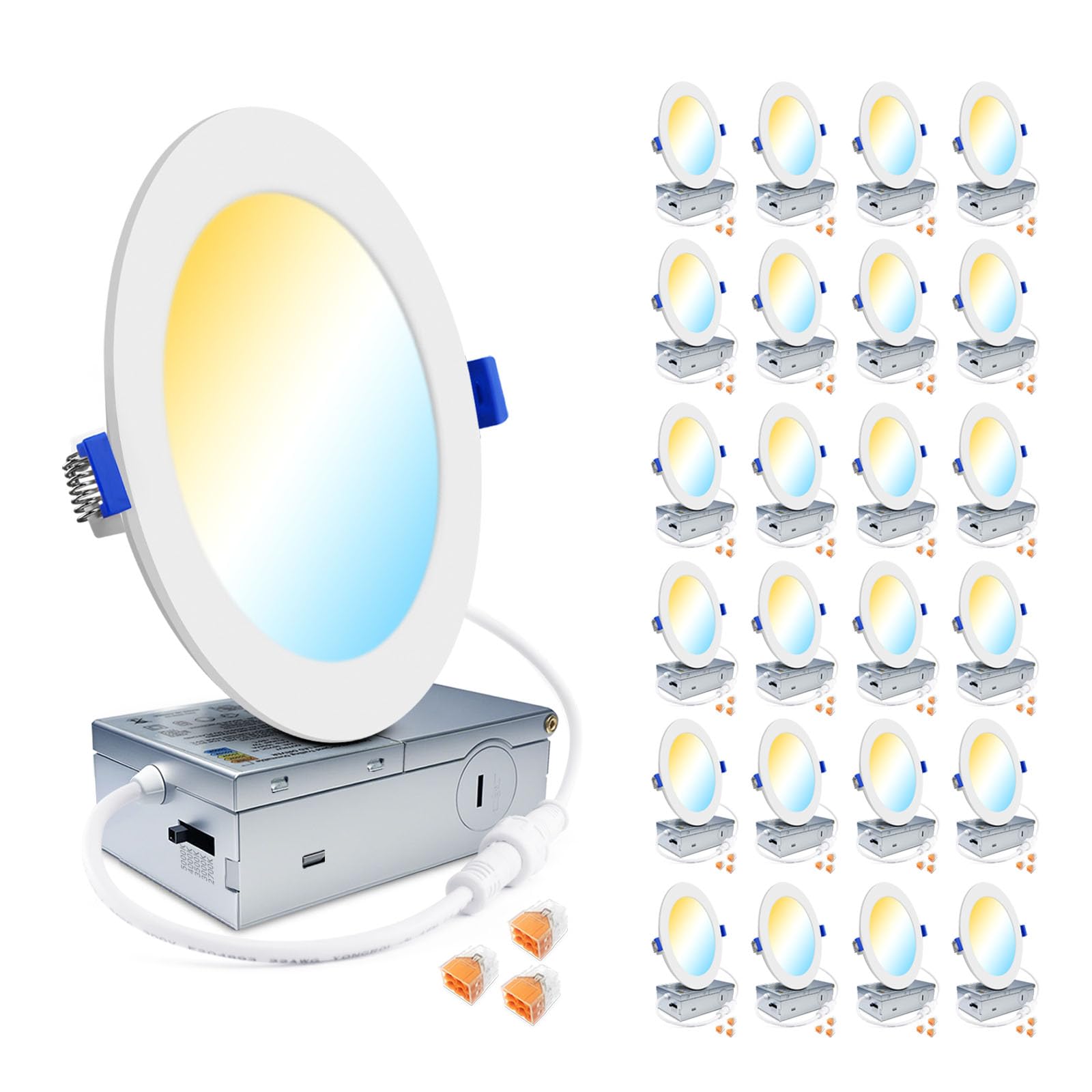 zouzai 24 Pack Ultra-Thin LED Recessed Ceiling Light with Junction Box 5CCT 2700K-6000K Adjustable Dimmable Can-Killer Downlight