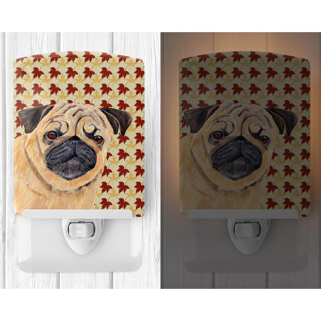 Carolines Treasures Ceramic Night Light, Pug Fall Leaves, UL-Certified, 6x4x3in, Multicolor, Model SC9211CNL