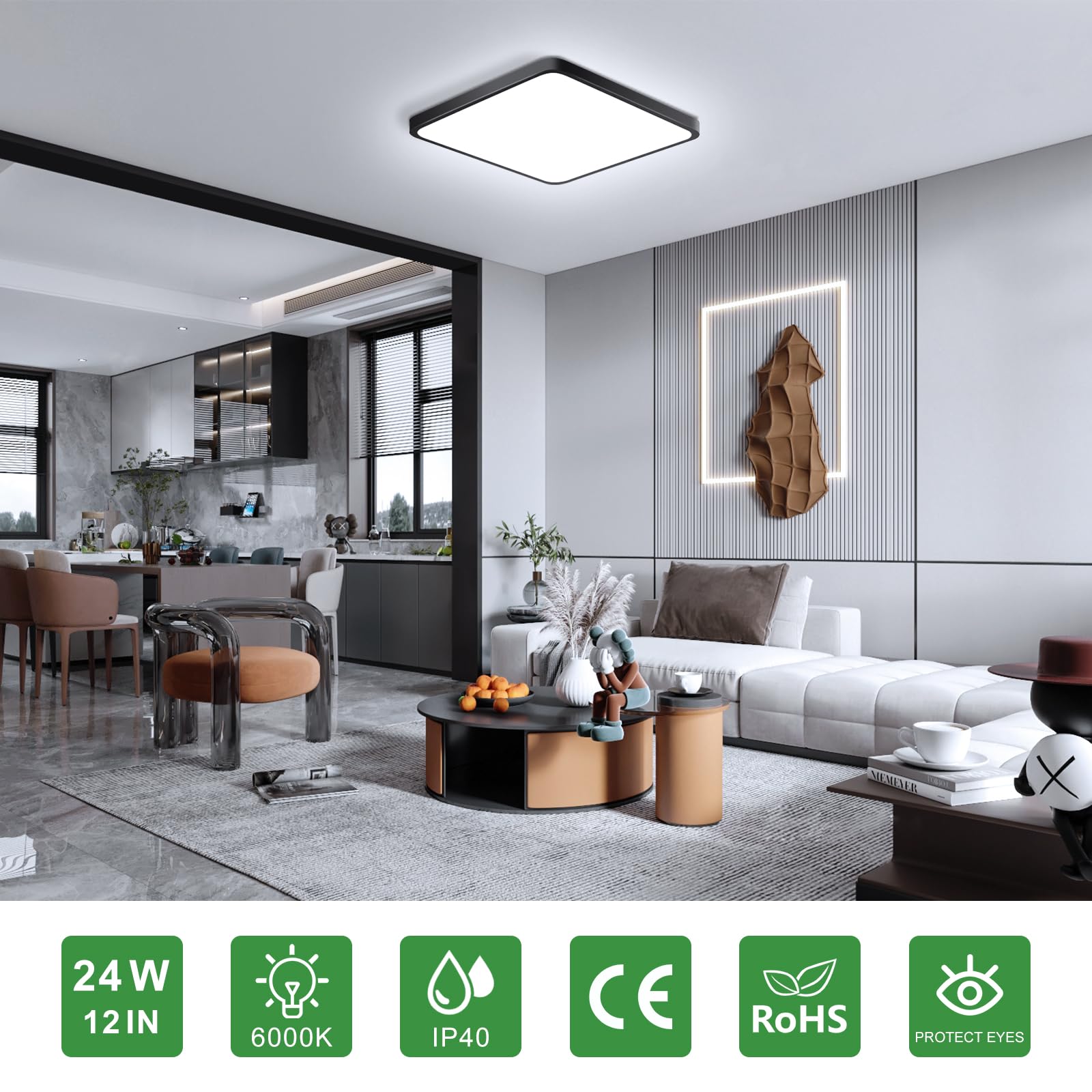 12Inch 24W Square Led Ceiling Light Fixtures Flush Mount  6000K Cold White Led Ceiling Lamp  Surface Mount Modern Ceiling Lights  Black Slim Flat Panel Lighting For Bedroom  Kitchen  Bathroom Etc