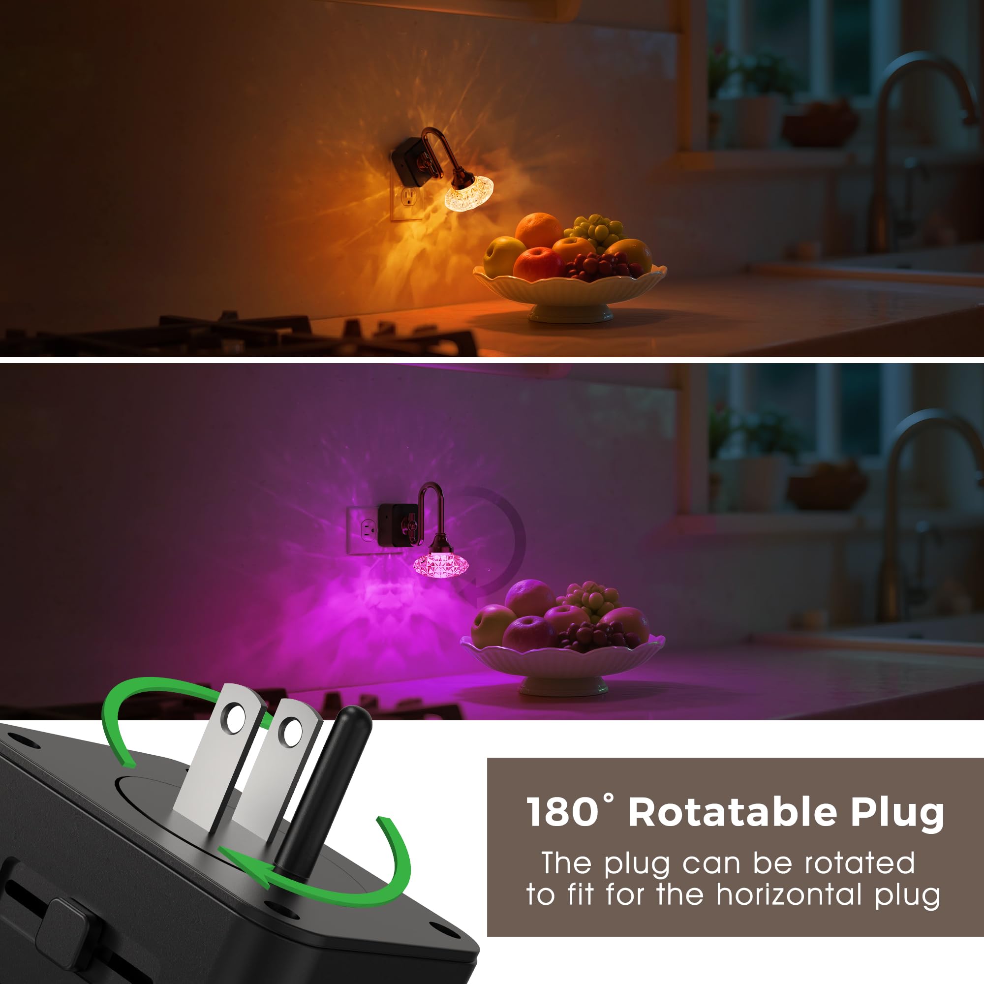 L LOHAS LED Night Lights, 2 Pack RGB Floral Dusk to Dawn, 3 Brightness Levels, Rotatable Plug, Gold Ring-Diamond Pattern, Model A-GY23409ZSUS