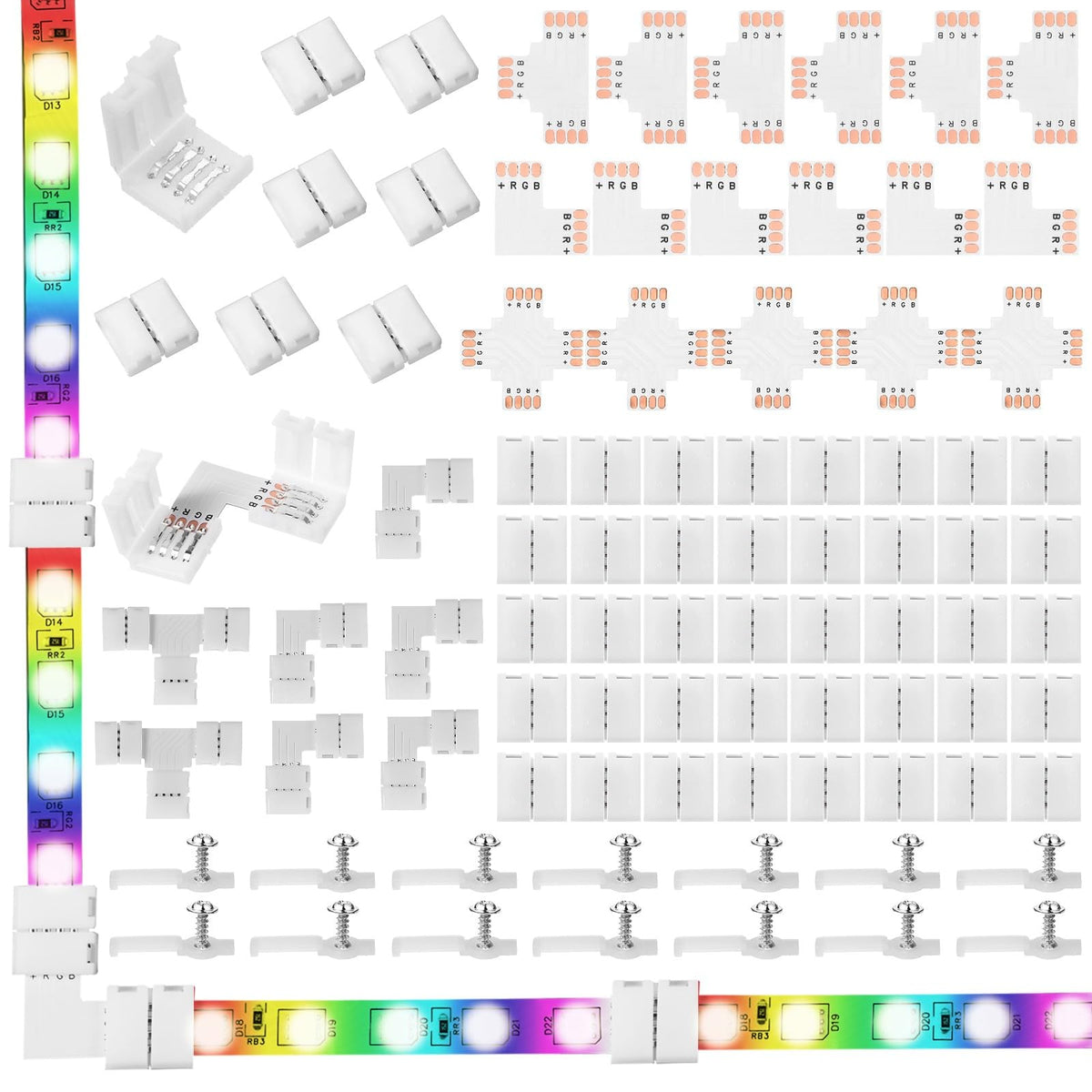 Mudder 95 Pieces 4 Pin LED Light Strip Connectors Set Including Screw Clips, 4 Pin LED Connectors, Cuttable T, L and X Shape PCB