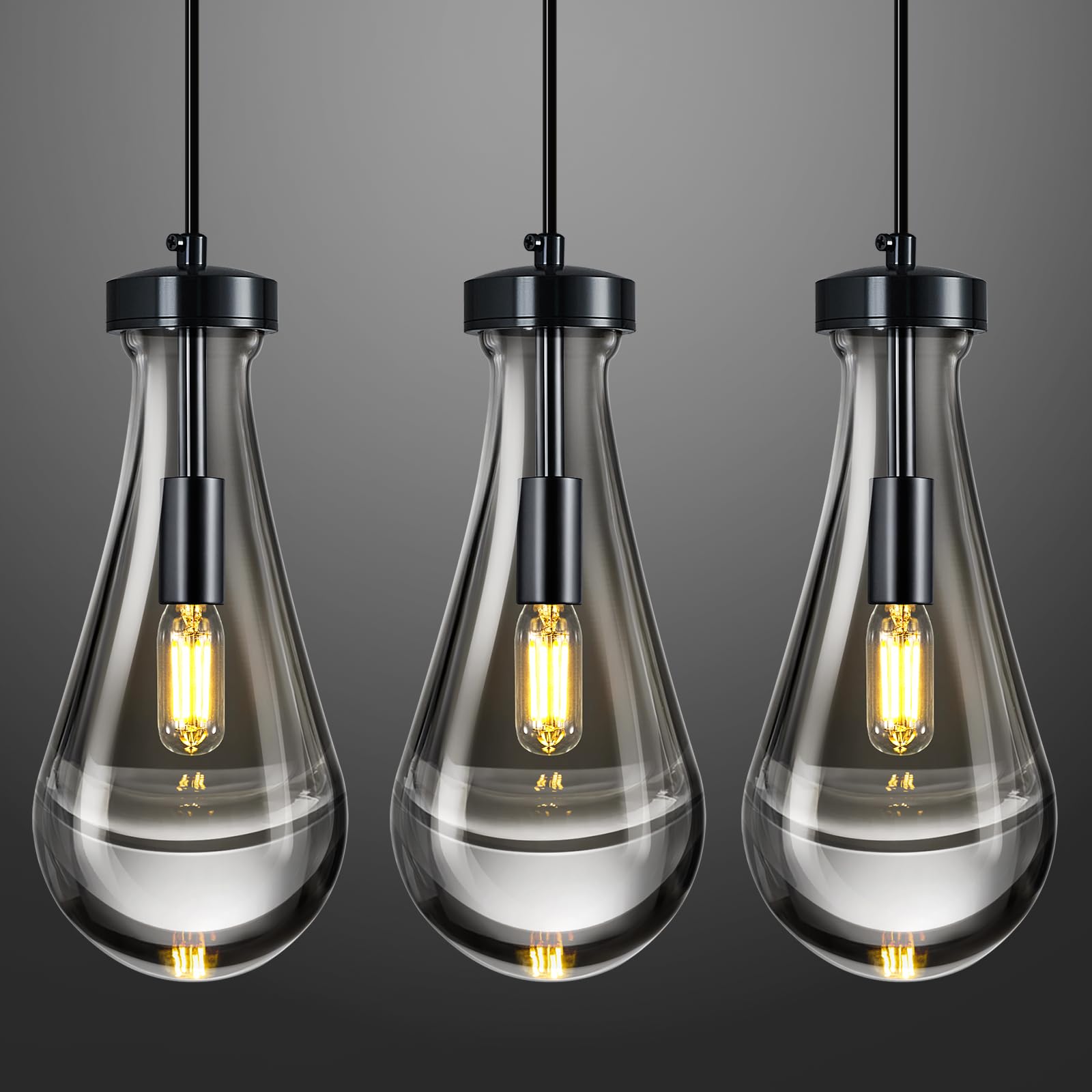 LIANGMH Raindrop Pendant Lights Modern Chandeliers Clear Glass Teardrop 3-Pack PlatingBlack