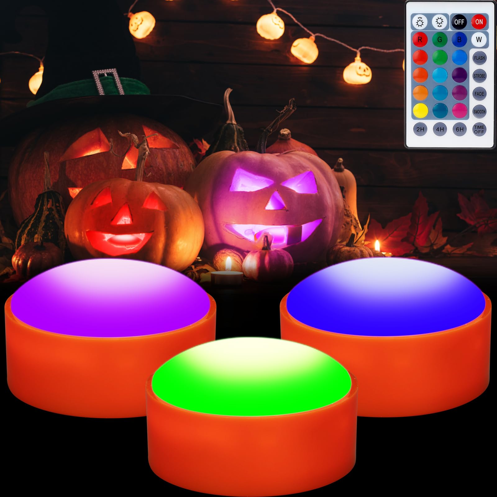 Litake Halloween Jack-O-Lantern Lights Dimmable Timer Color Changing Pumpkin Lights Remote Control Led Battery Operated Lights With Push Touch Stick On Pumpkin Lighting For Halloween Decoration 3 Pack