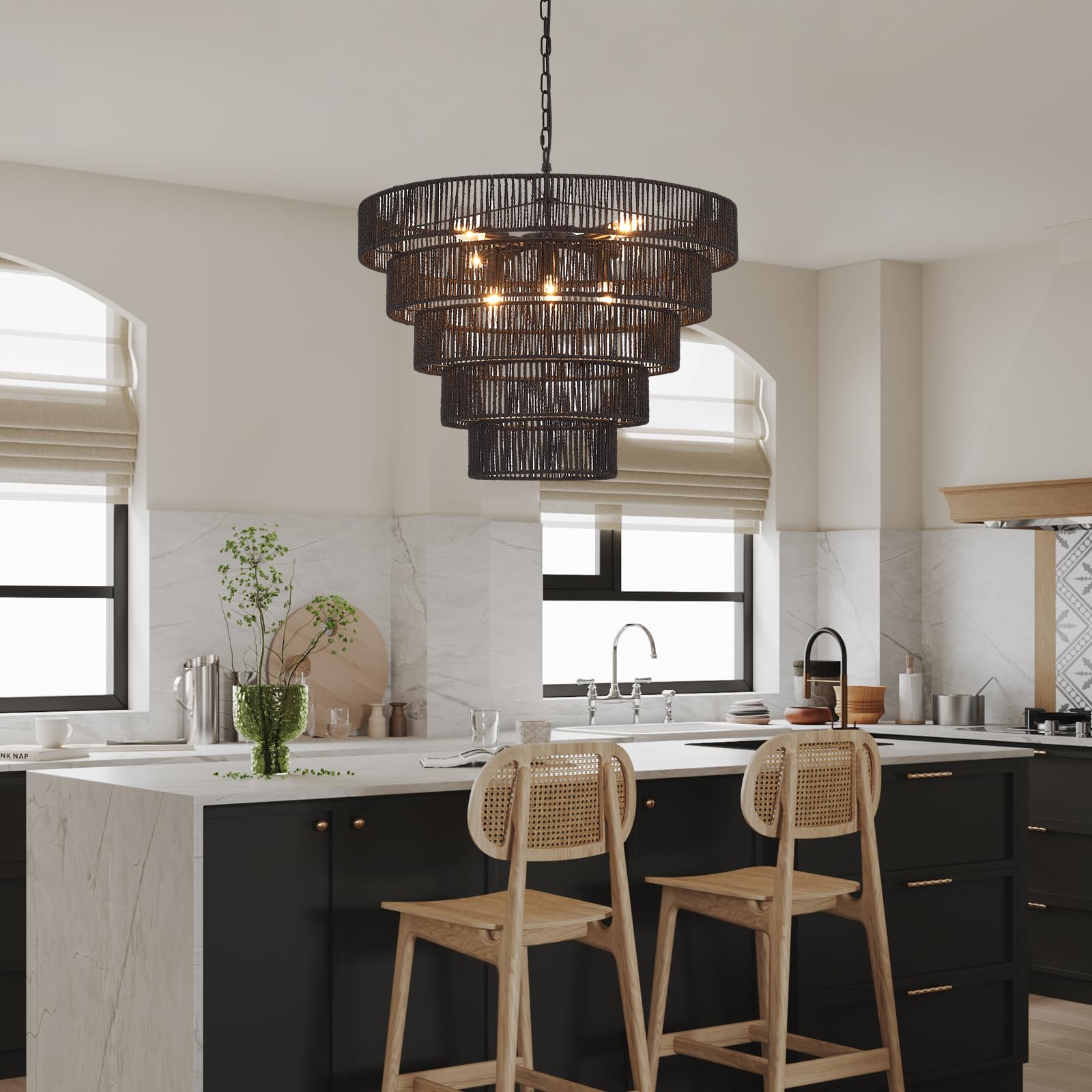 Yomecoo 25.6'' Large Black Rattan Chandelier Farmhouse 8-Lights Boho Hand Woven Bamboo Black Chandeliers Light Fixture Rustic Dr