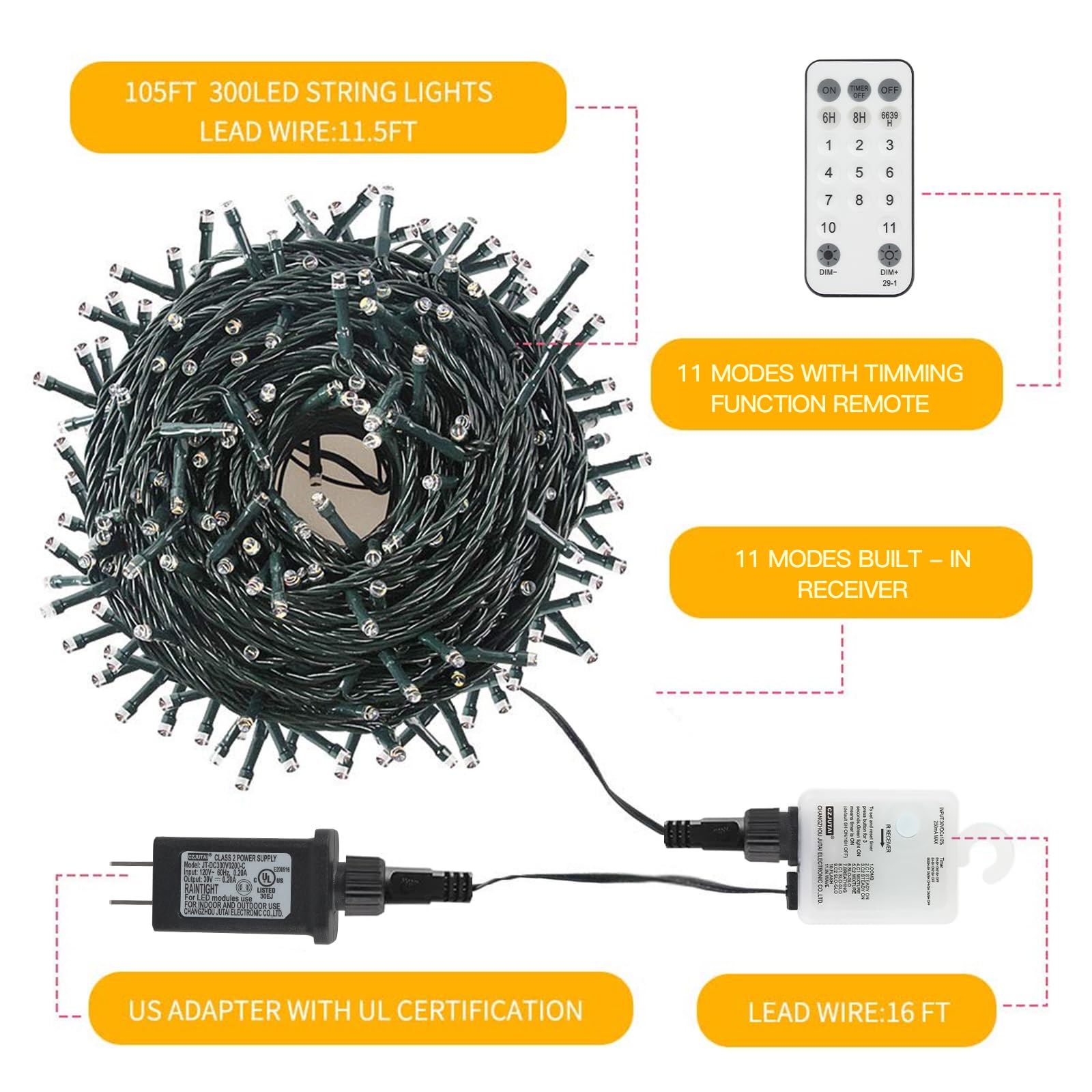 Chuya 300LED Dual Color Christmas Tree Lights, 105ft Warm White & Multicolor, Copper, Model QL300AE, 11 Modes, Indoor/Outdoor