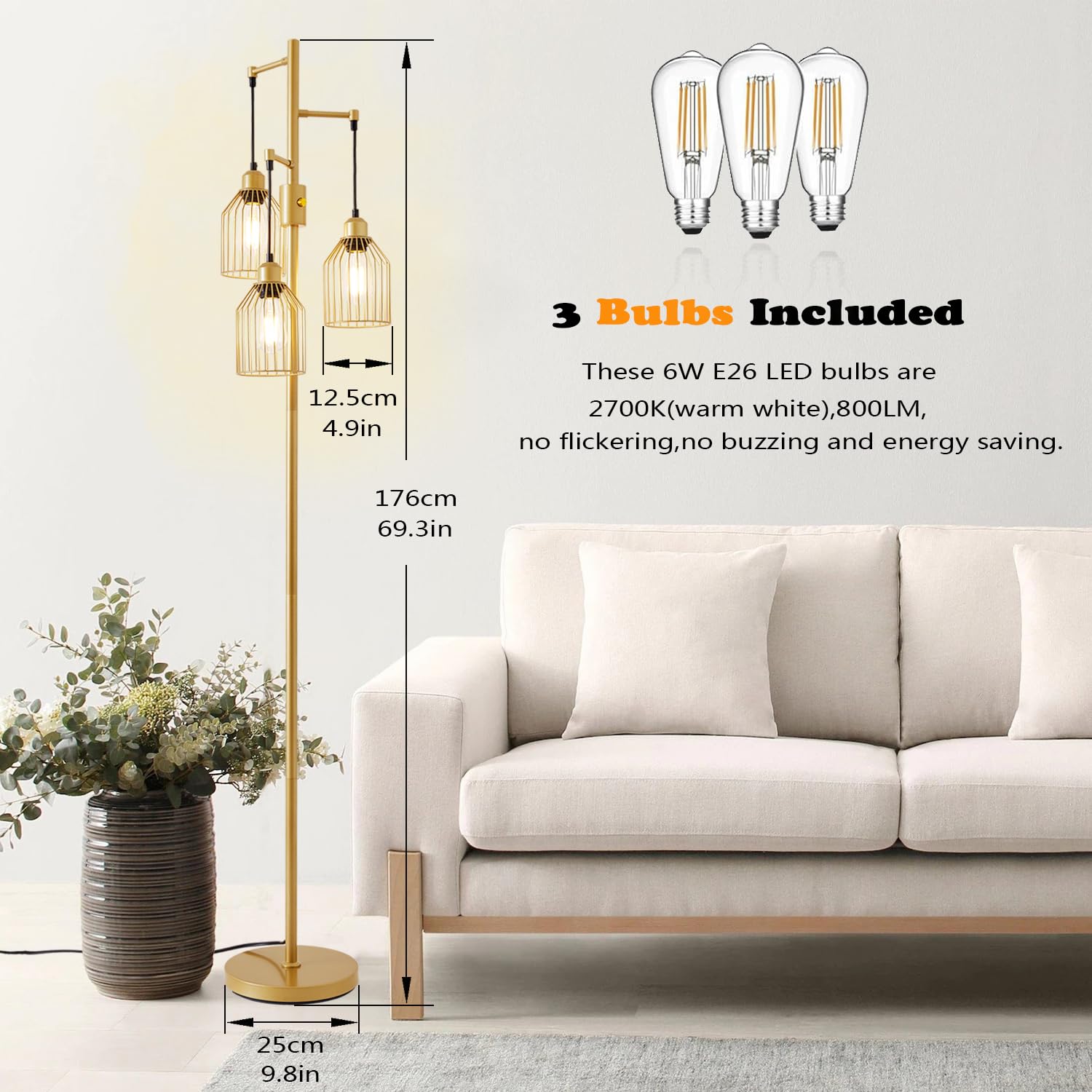 A1A9 Dimmable Floor Lamp For Living Room, Farmhouse Floor Lamps With Elegant Hanging Cage, 3 X Led Edison Bulbs Included, 68.5''