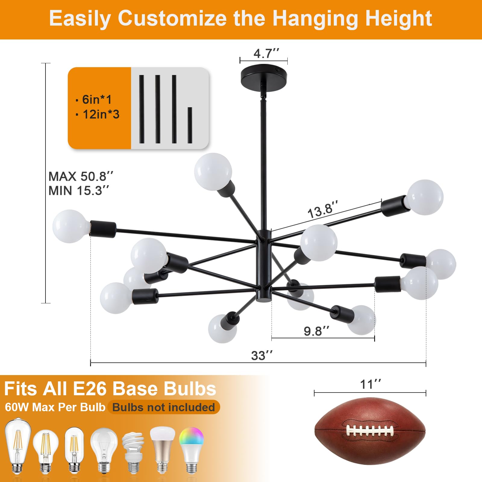 Xingsiyuelyx 33 Inch Black Sputnik Ceiling Light Fixture - 12-Light Black Sputnik Chandeliers, Mid Century Chandelier Modern Cha