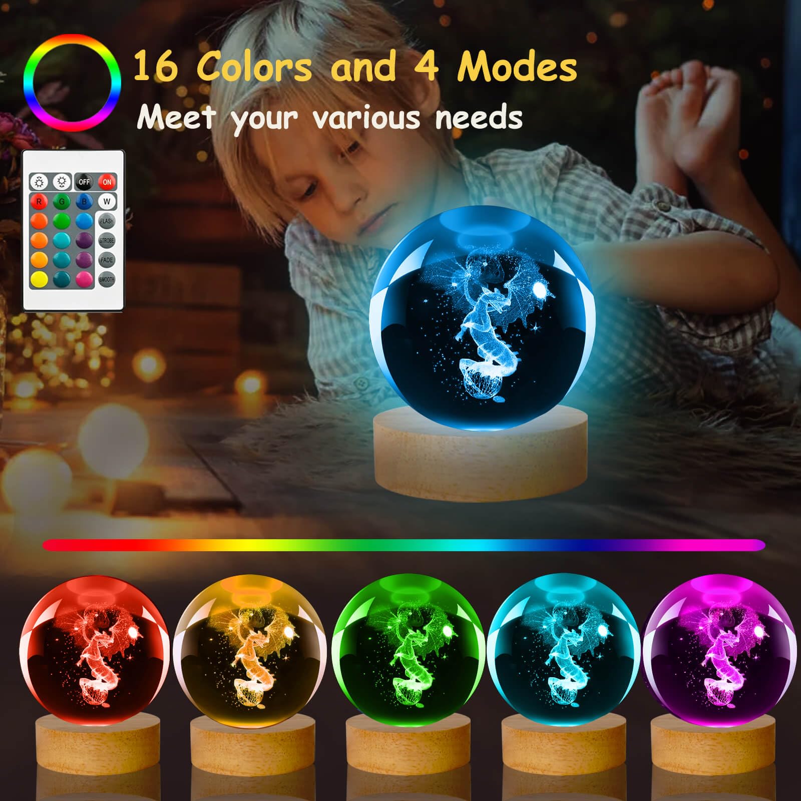 Linsina 3D Dragon Crystal Ball Lamp,60Mm 16 Colors Crystal Ball Night Light With Wooden Base And Remote Control, Dragon Gifts An