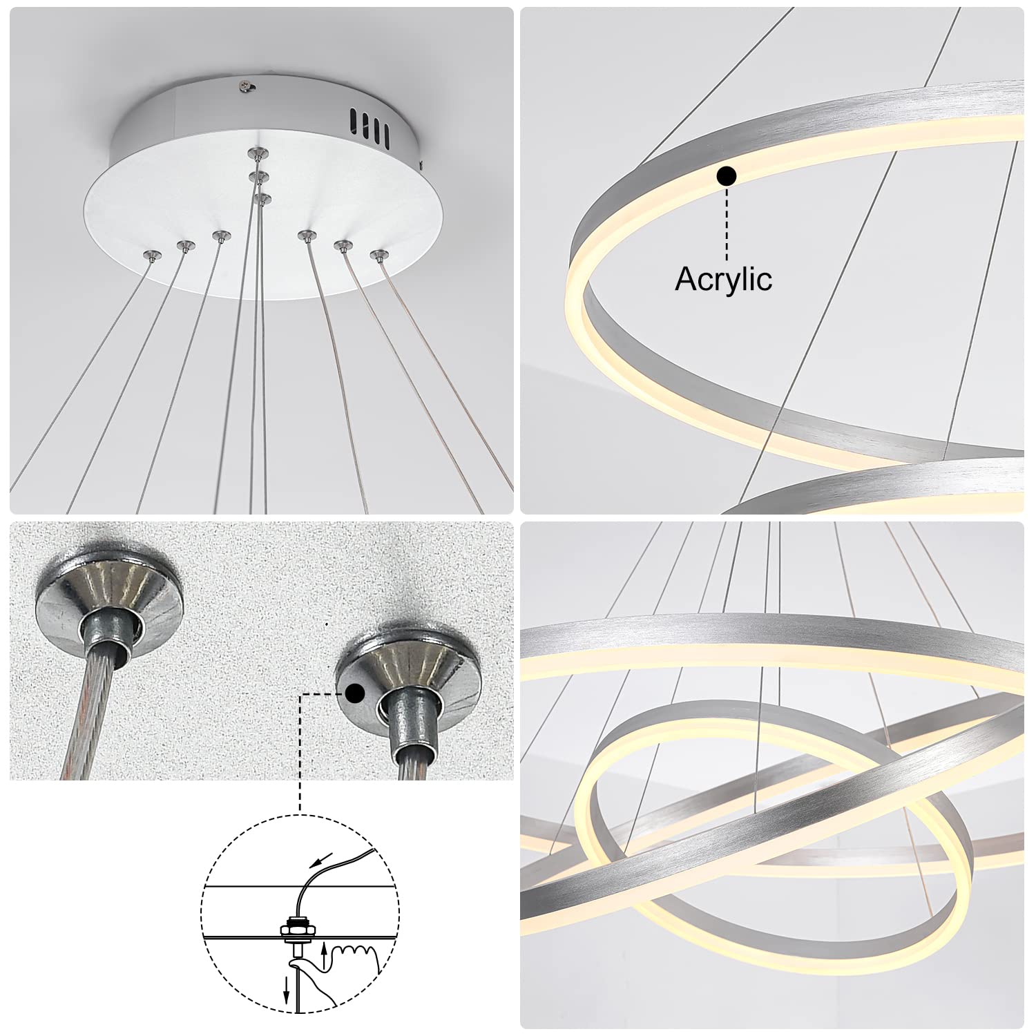 Xgzl · Lighting 3-Rings D31.5’’ Modern Led Chandelier Silver, Dimmable Pendant Lighting With Remote Control Circular Flush Mount High Ceiling Light For Living Dining Room Bedroom Foyer, 3000K-6500K
