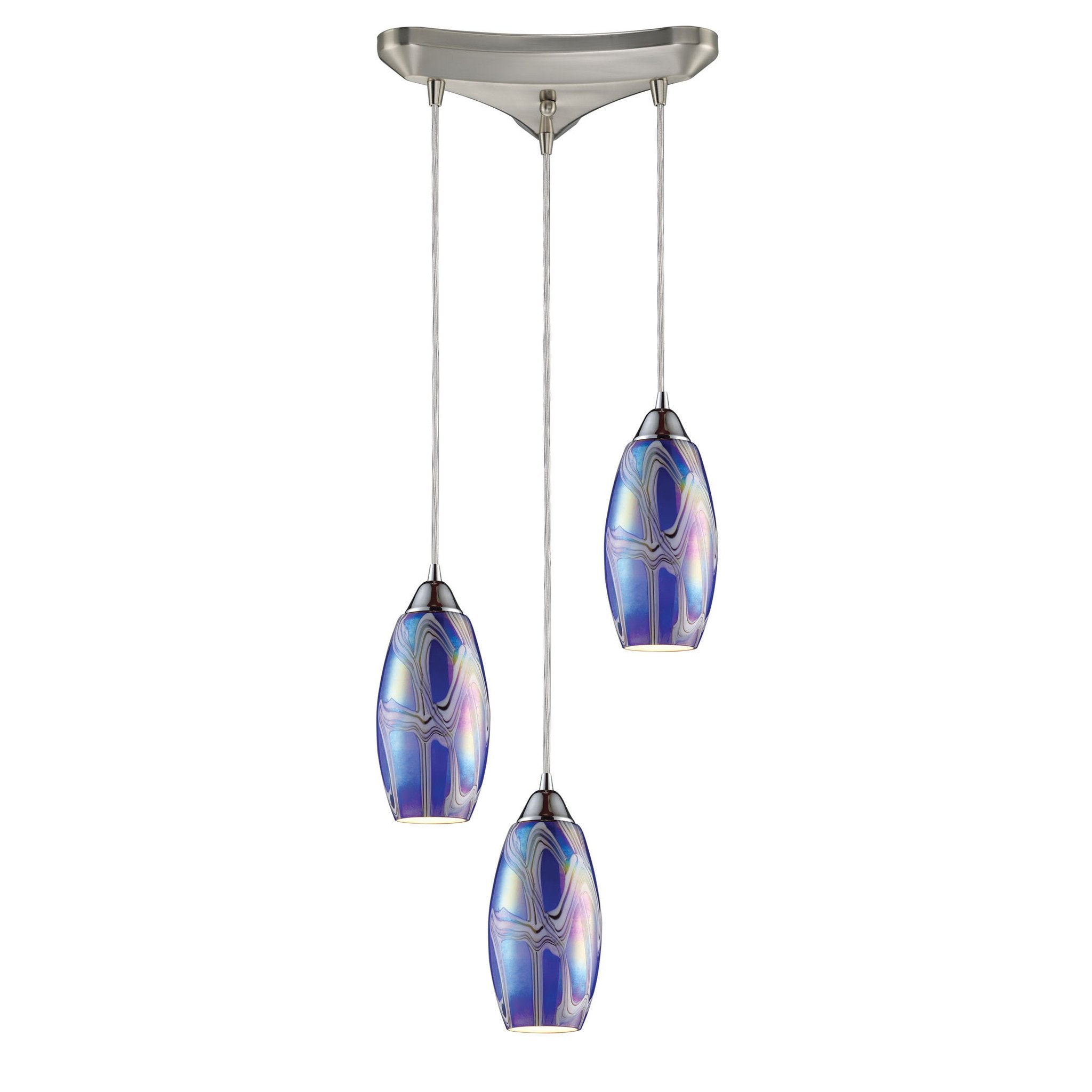 Elk Iridescence 3-Light Pendant, Storm Blue Glass, Satin Nickel Finish, Modern Lighting