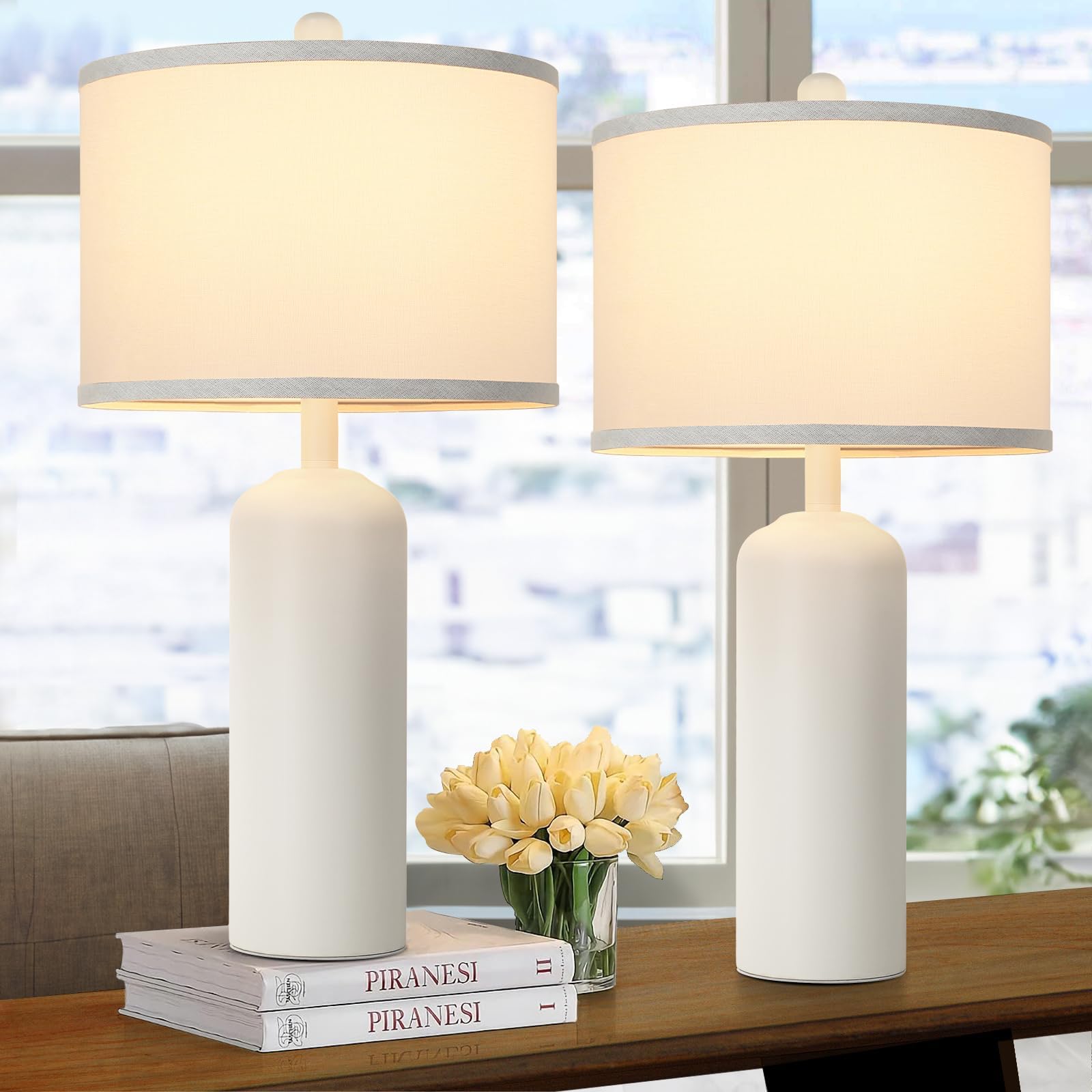 Gobright 24.8&quot; Ceramic Table Lamps Set Of 2, Modern White Bedside Nightstand Lighting