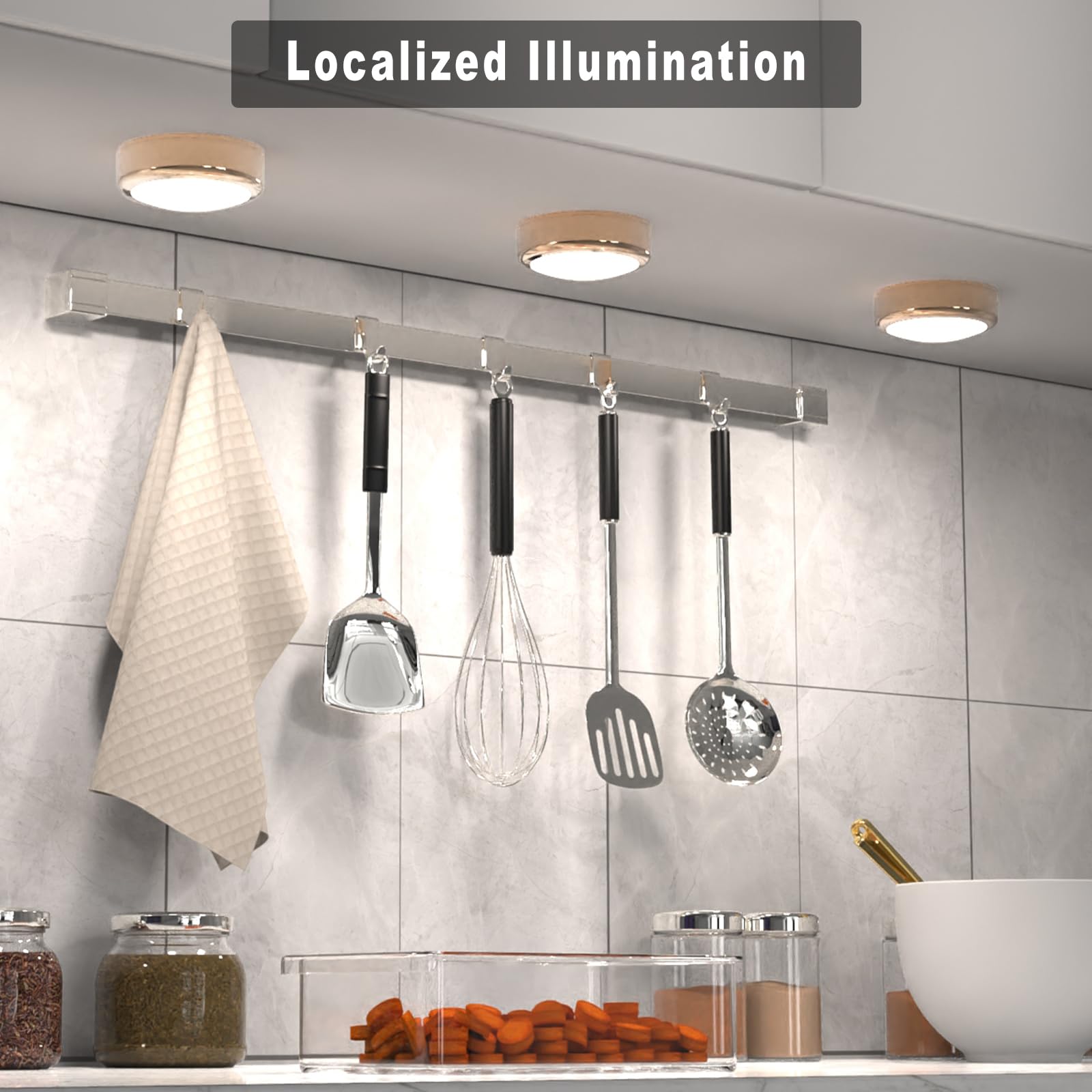 HELPLEX LED Puck Lights with Remote, 6-Pack RGBW, Dimmable, Battery-Powered, Gold, Under Cabinet Lighting