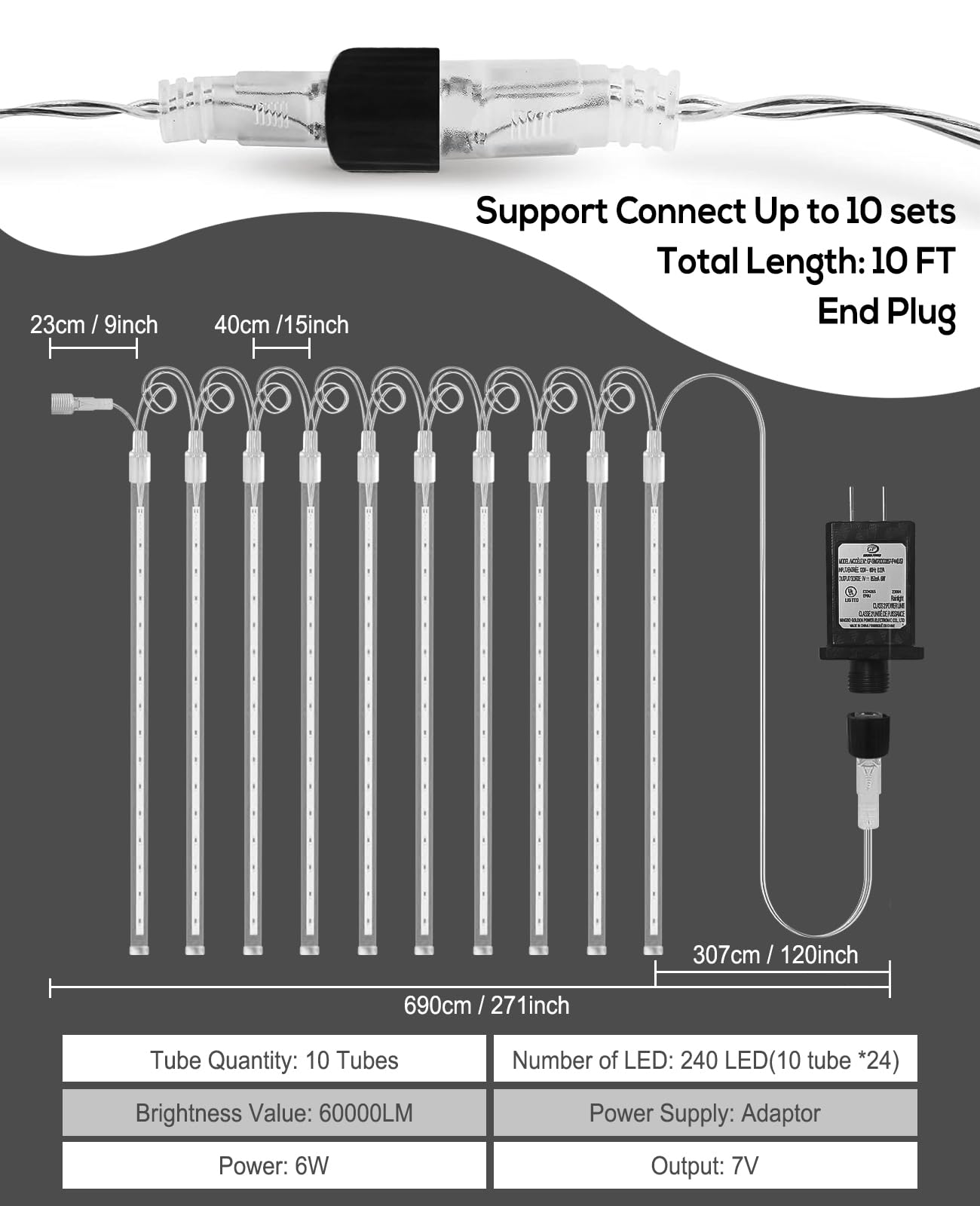 Christmas Lights Outdoor Ul Certified Meteor Shower Light 12 Inch 10 Tubes Led Falling Rain Drop Lights Icicle Snow Cascading Xm