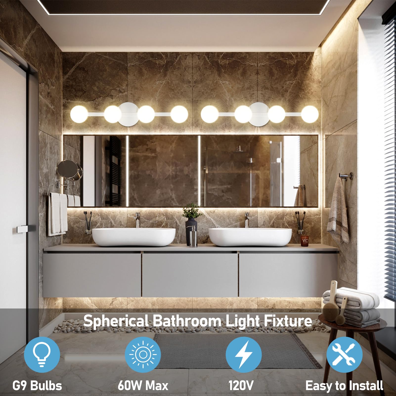 Lightdot 4-Light Bathroom Vanity Light, 26in Modern Globe White, Rust-Proof Metal Fixtures for Mirror, Kitchen, Hallway, Porch