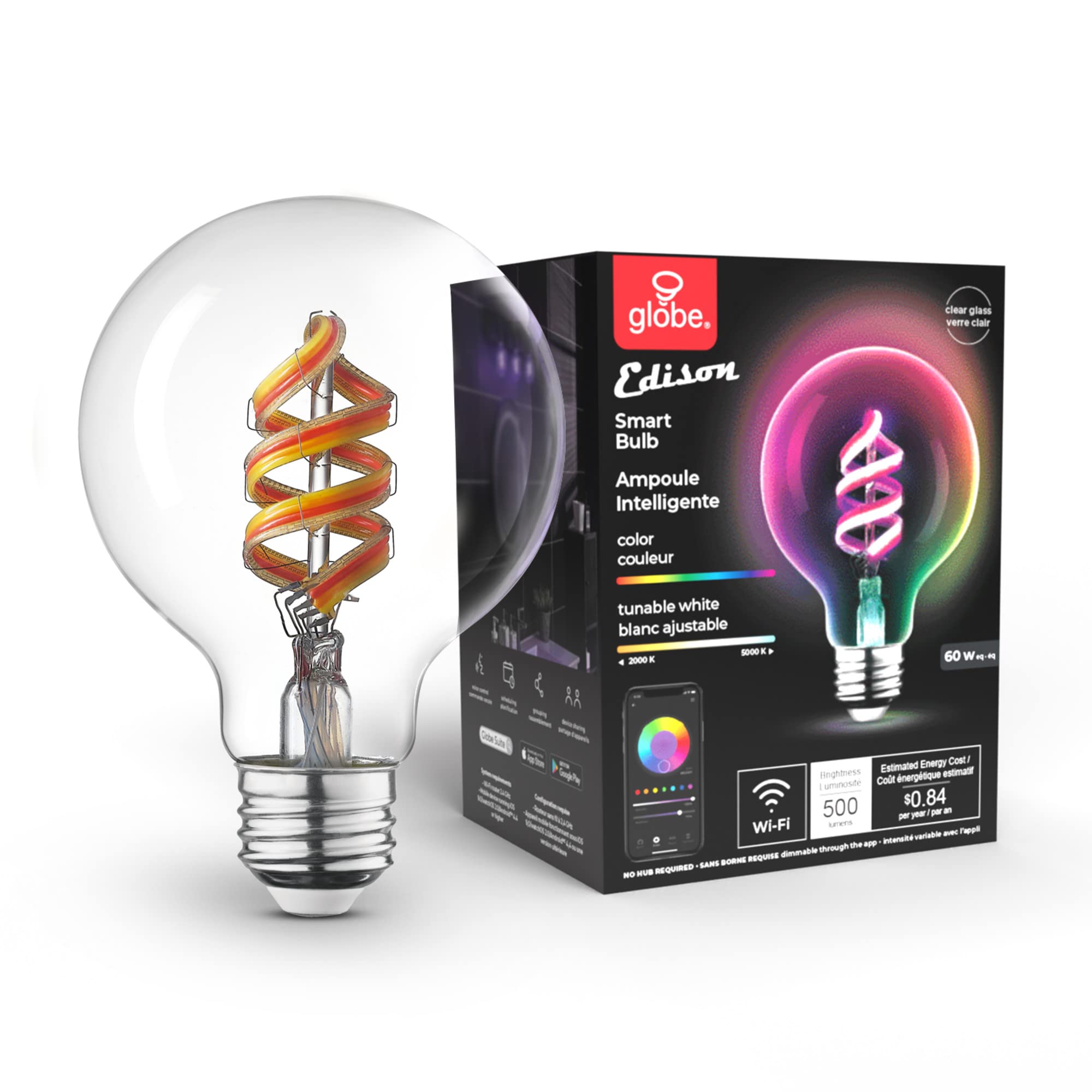 Globe Electric 35851 Wi-Fi Smart 7W (60W Equivalent) Spiral Filament Multicolor Changing LED Light Bulb, No Hub Required, Voice 