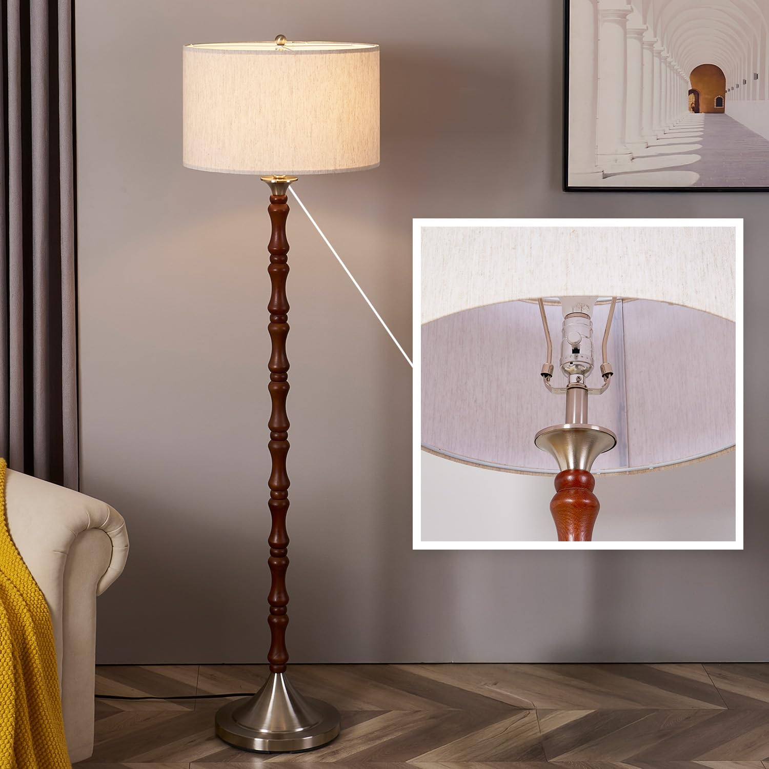 MITELSON Mid Century Floor Lamp with Linen Drum Shade - Dimmable Tall Standing Lamp, Rustic Wooden Retro Lamp for Living Room Be
