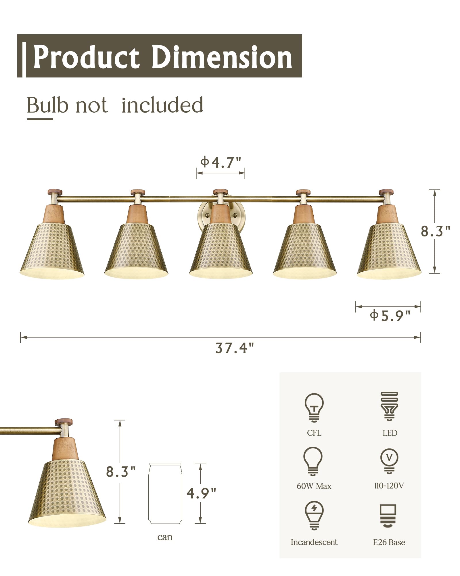 Femila Brushed Gold Vanity Light, 37.4'' Gold Bathroom Light Fixtures, Vanity Lights For Bathroom, E26 Base, 4Fg59B-5W Bg