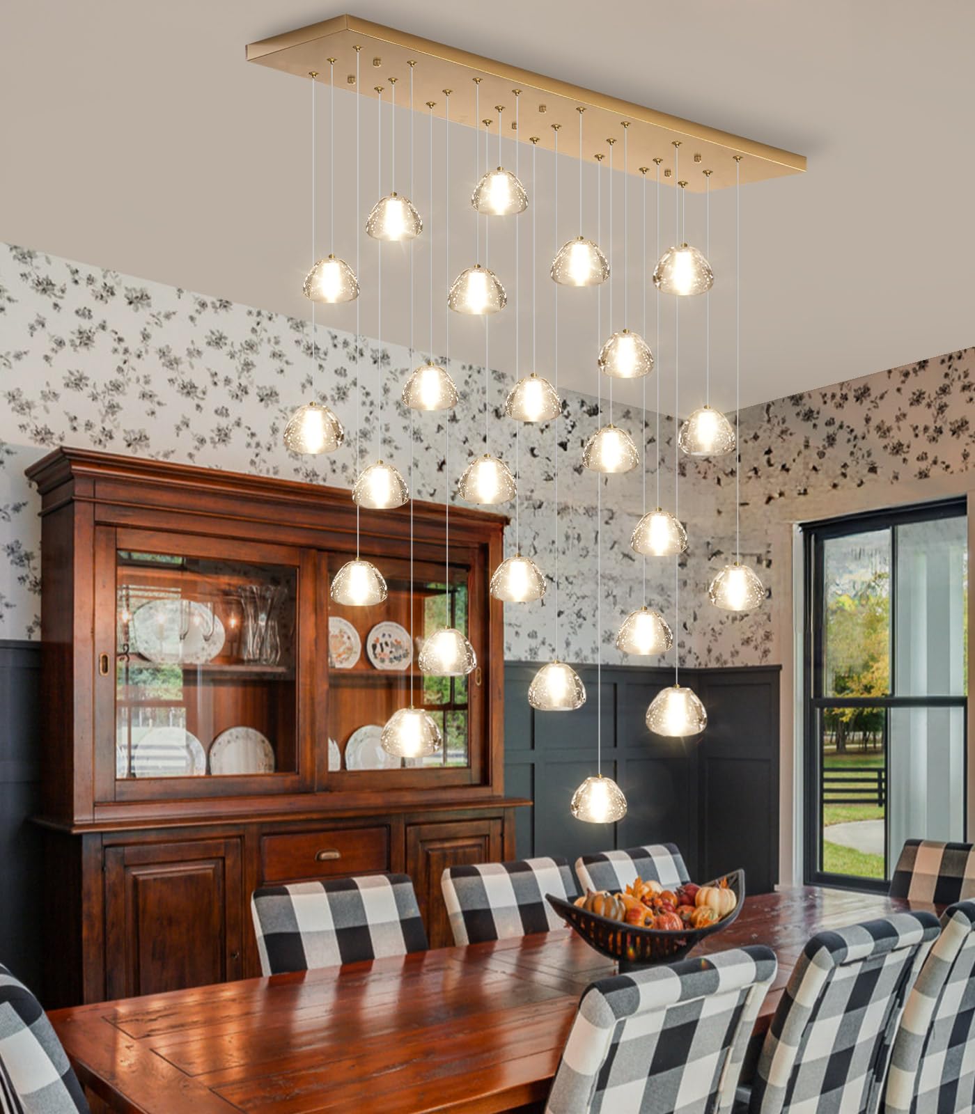 dolria Modern Crystal Rectangular Chandelier, 24-Lights, Gold, LED Pendant Light for Living Room, Hotel, Hallway, Model PC0010-24G-Chang