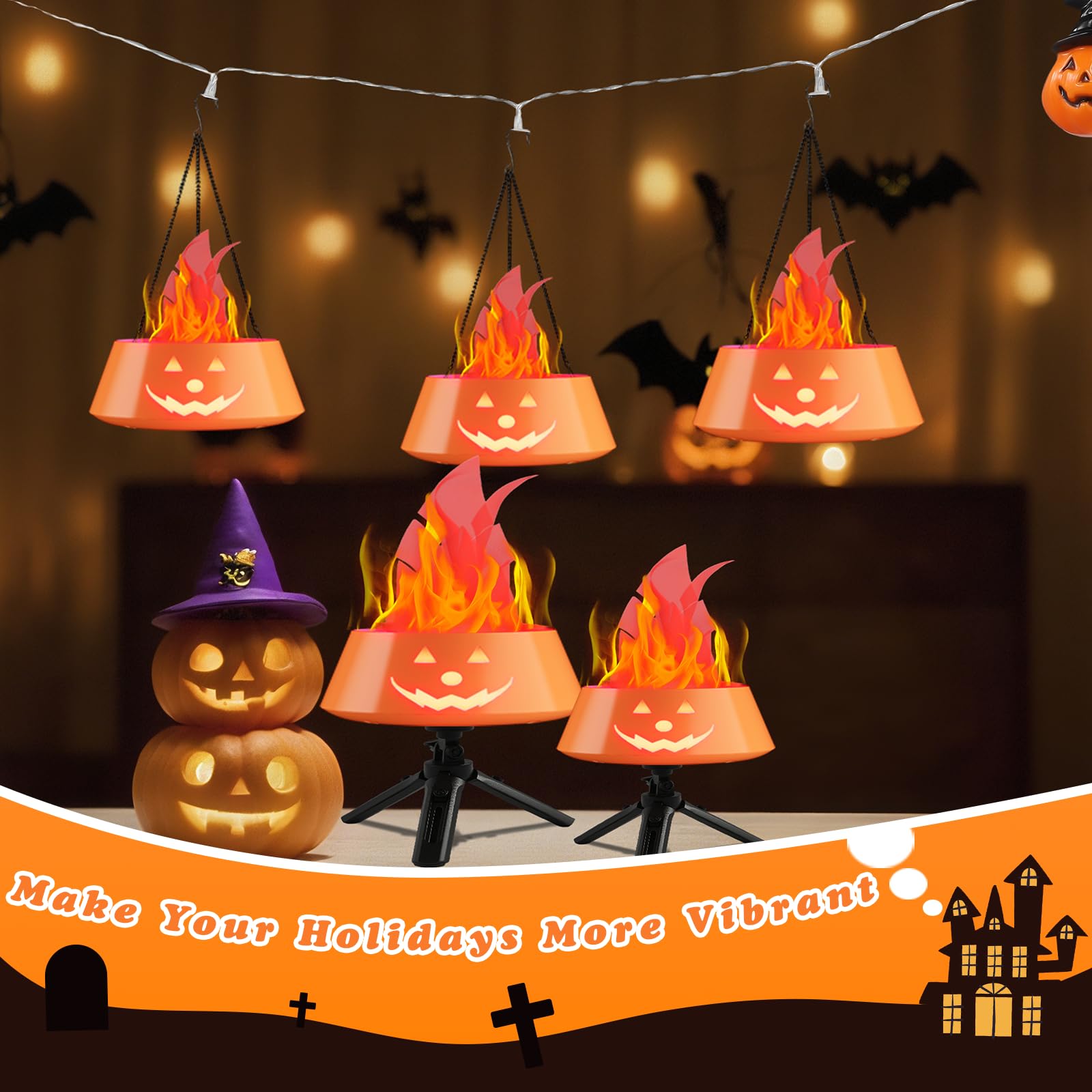 Halloween Decorations Indoor Outdoor  Collasis Halloween Decor Pumpkin Lights Hanging 3D   Fire Effect Lamp  Vintage Table Decor Lighting Lanterns Battery Operated Rechargeable For Party Home Yard