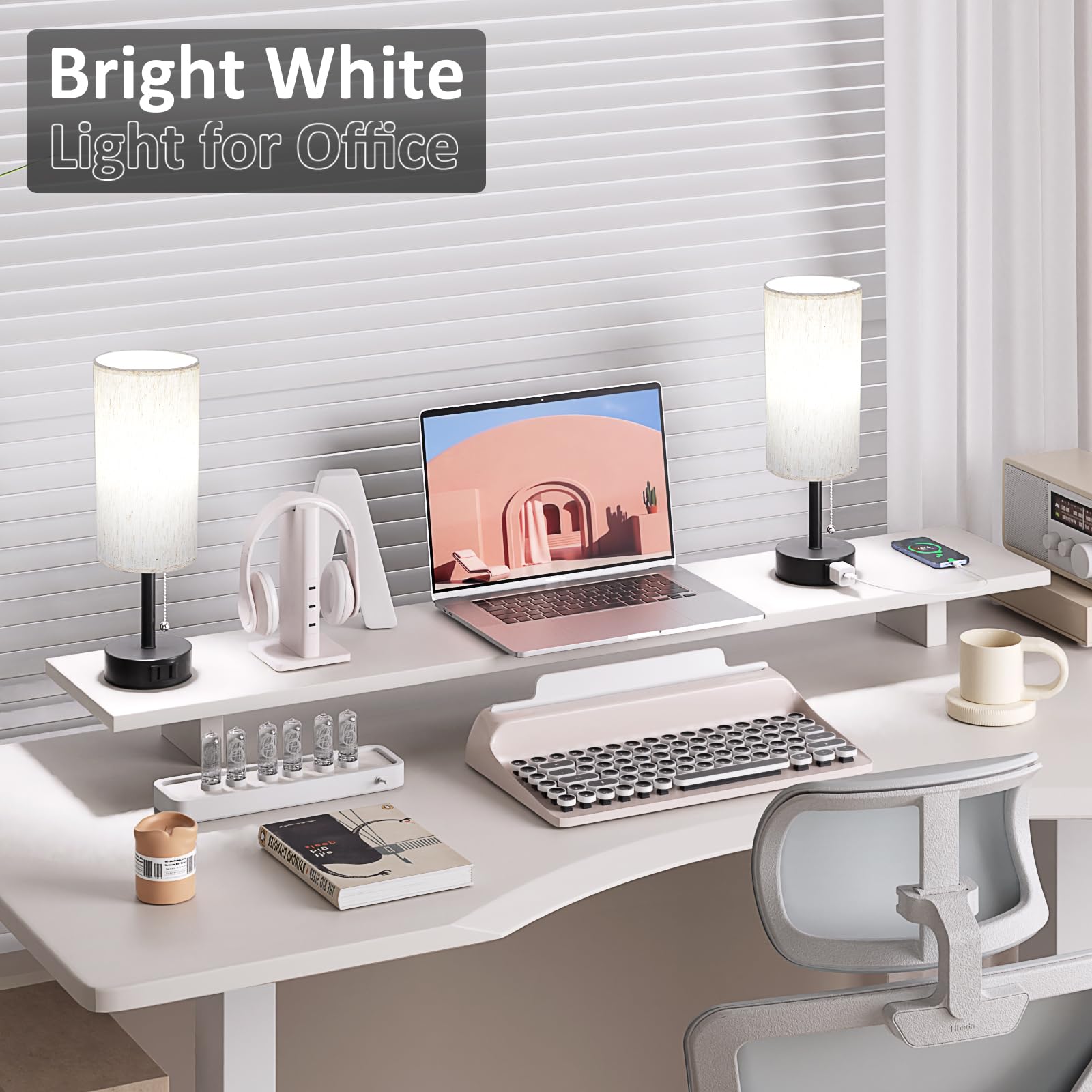 Fenmzee Bedside Table Lamps Set of 2, Cream Metal, 14in, E26 LED Bulbs, 3 Color Temperatures, Pull Chain, AC Outlet