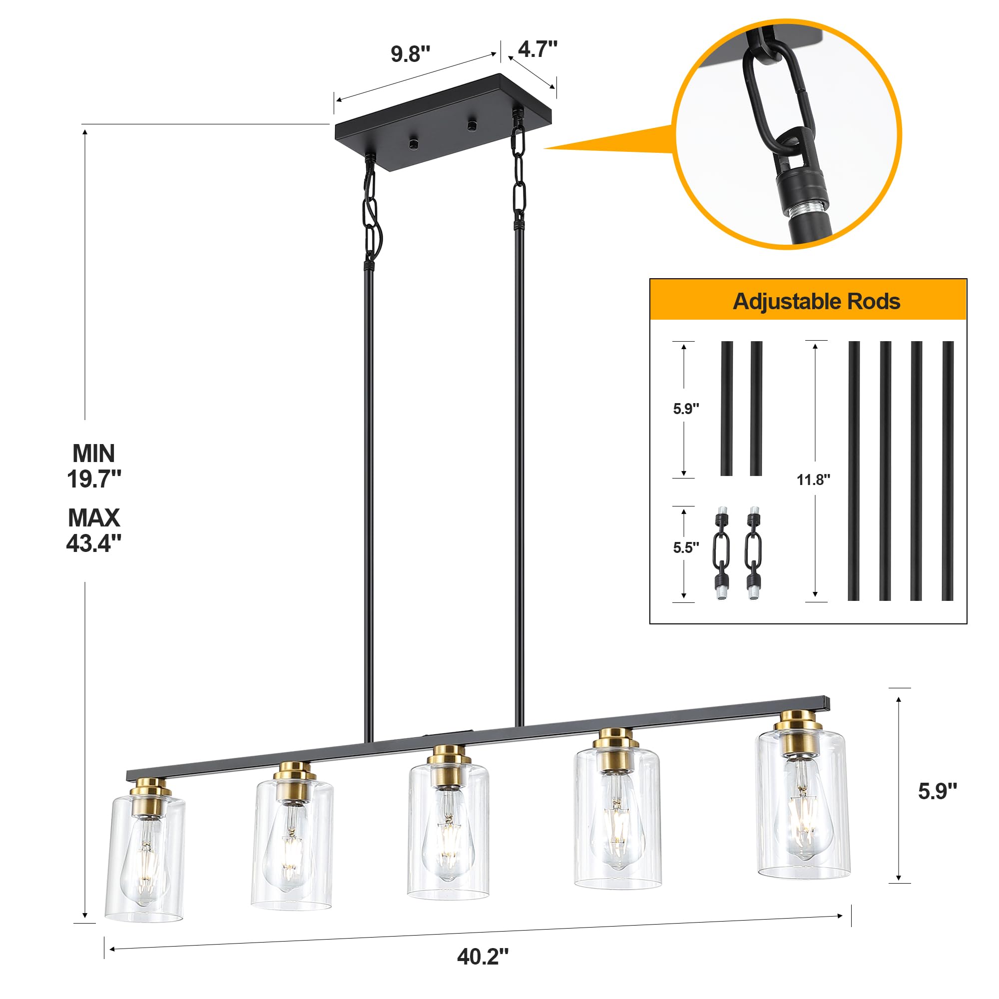 Mecgirn 5-Light Linear Chandelier Pendant - Black & Gold Metal Light Fixture for Kitchen Dining Room, Model D0017-5-BG