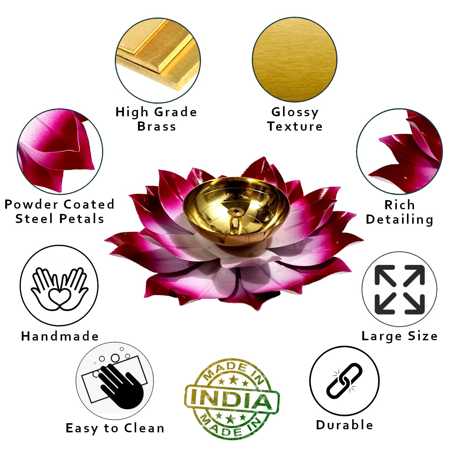 Lamina Set of 2 Lotus Shaped Large Size Brass Diya for Puja (6inch Pink Petals) Center Wick Holder Pital Akhand Kamal Deep Vilak