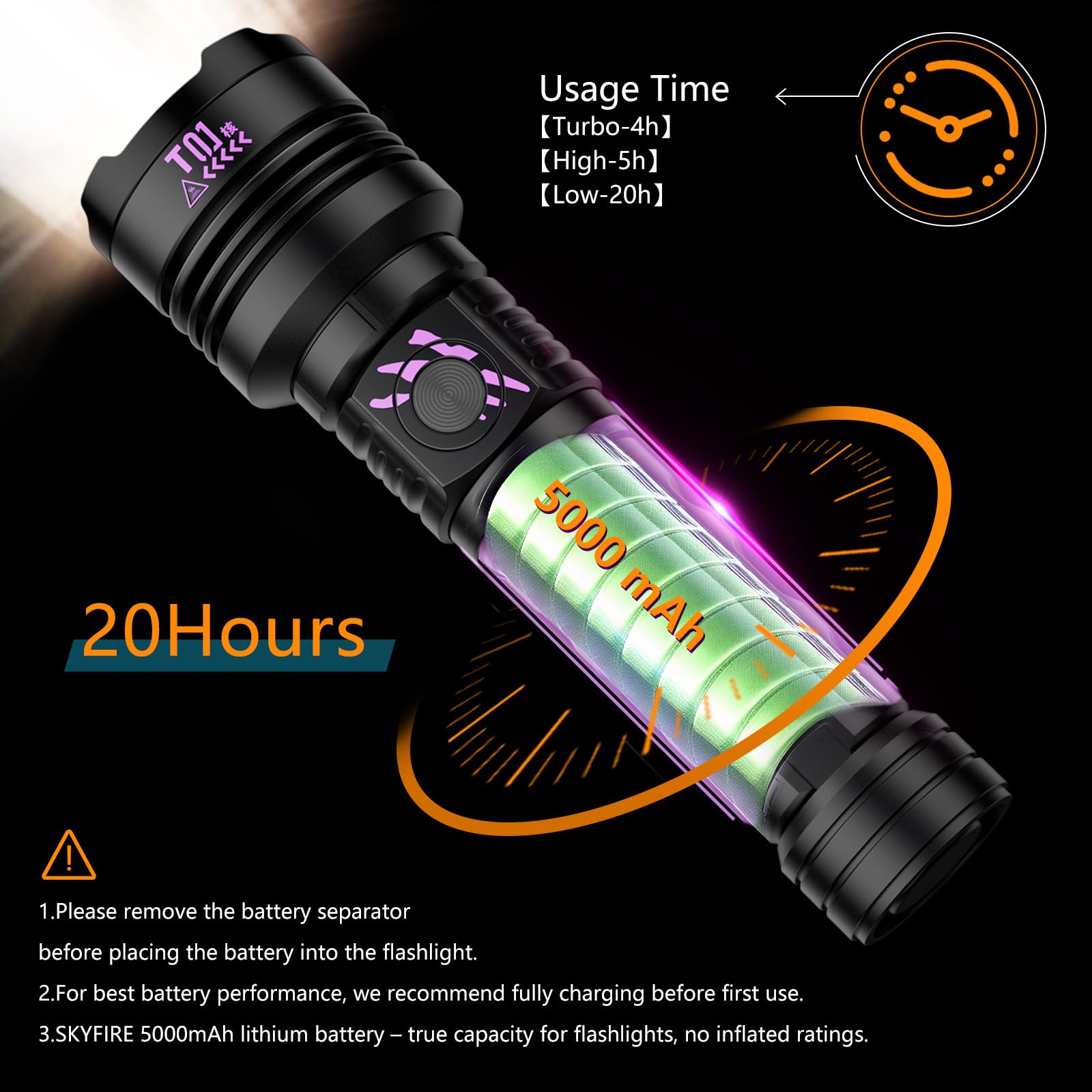 SKYFIRE Rechargeable Flashlight 3000lm LED Super Bright Tactical Waterproof Black