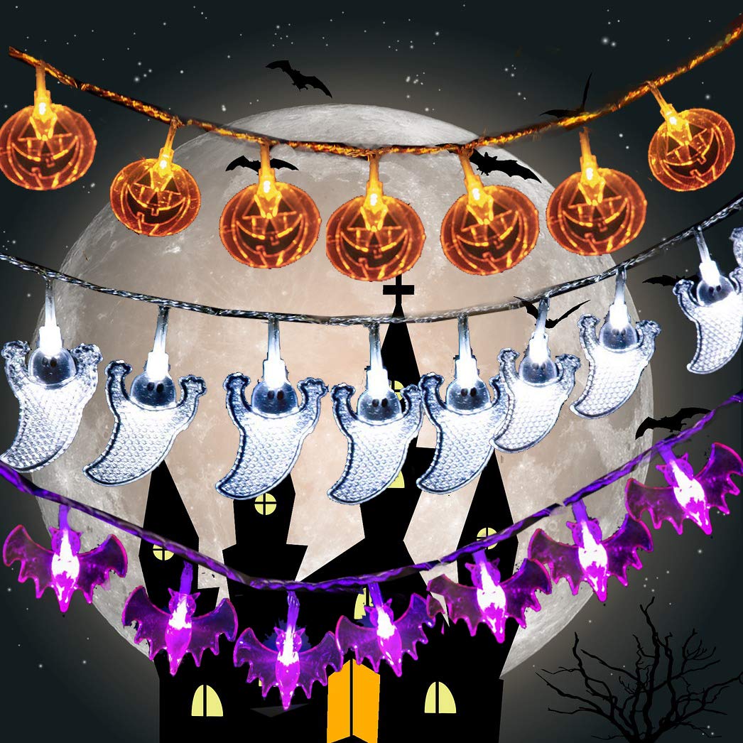 Toodour Halloween String Lights - Set of 3, Each 10.33ft 20 LED Battery Powered Decorative Lights for Indoor/Outdoor - White Gho