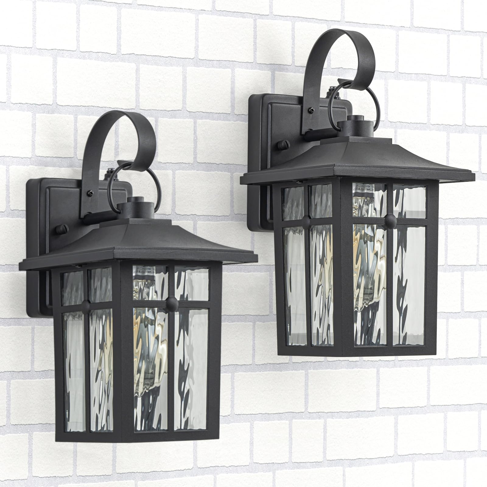 Lawyettle 2 Pack Dusk To Dawn Outdoor Wall Lights, Exterior Light Fixtures Wall Mount With Ripple Glass, Waterproof Black Porch Lights, Outside Wall Lantern For Entryway, Garage, Patio