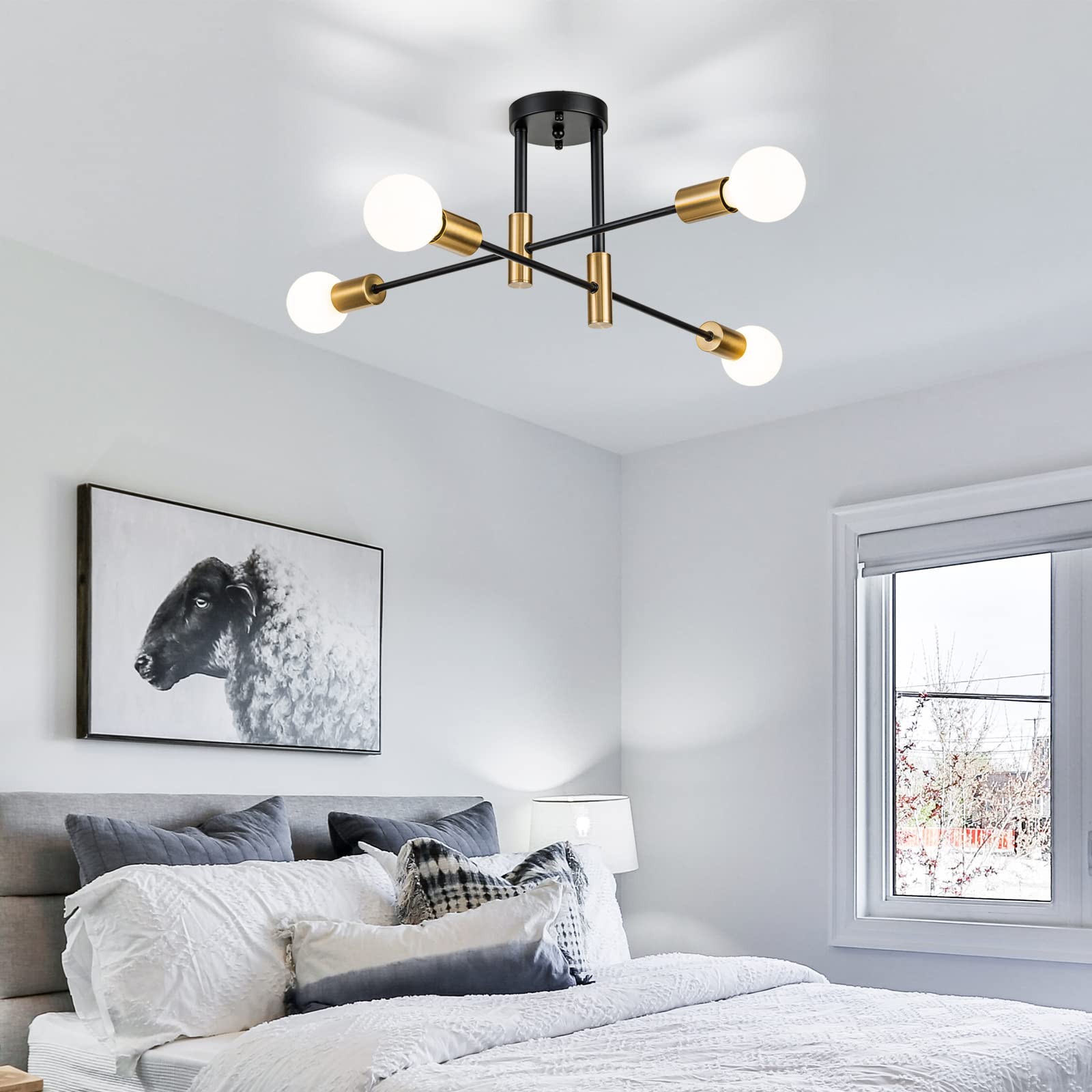 Brknit 4-Light Black Gold Sputnik Chandelier, Modern Flush Mount Ceiling Light Fixture