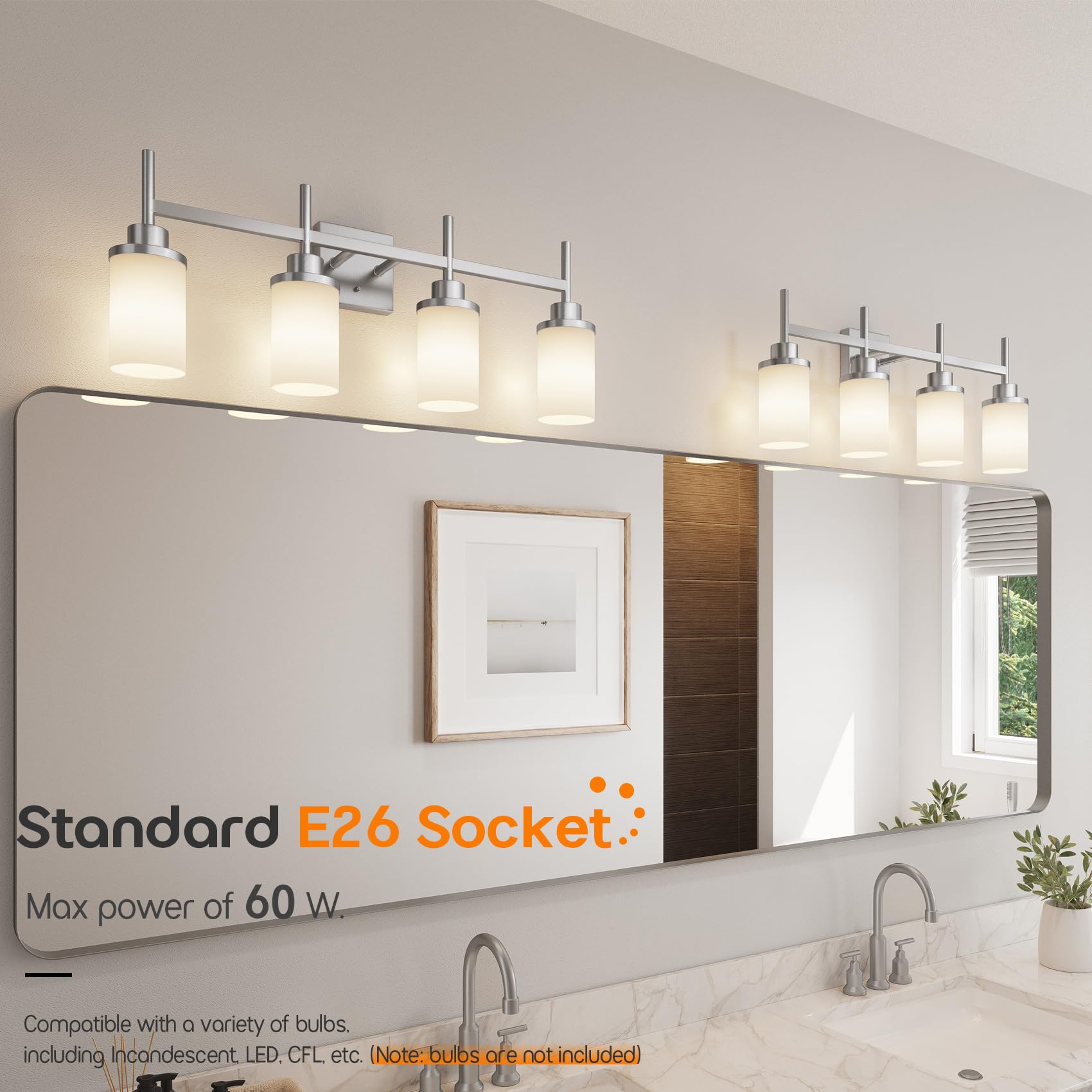 Aoneon 4-Light Vanity Lighting Fixtures With White Frosted Glass Shade  Brushed Nickel Bathroom Wall Lamps Over Mirror For Bath Restroom Kitchen T001Br-L4
