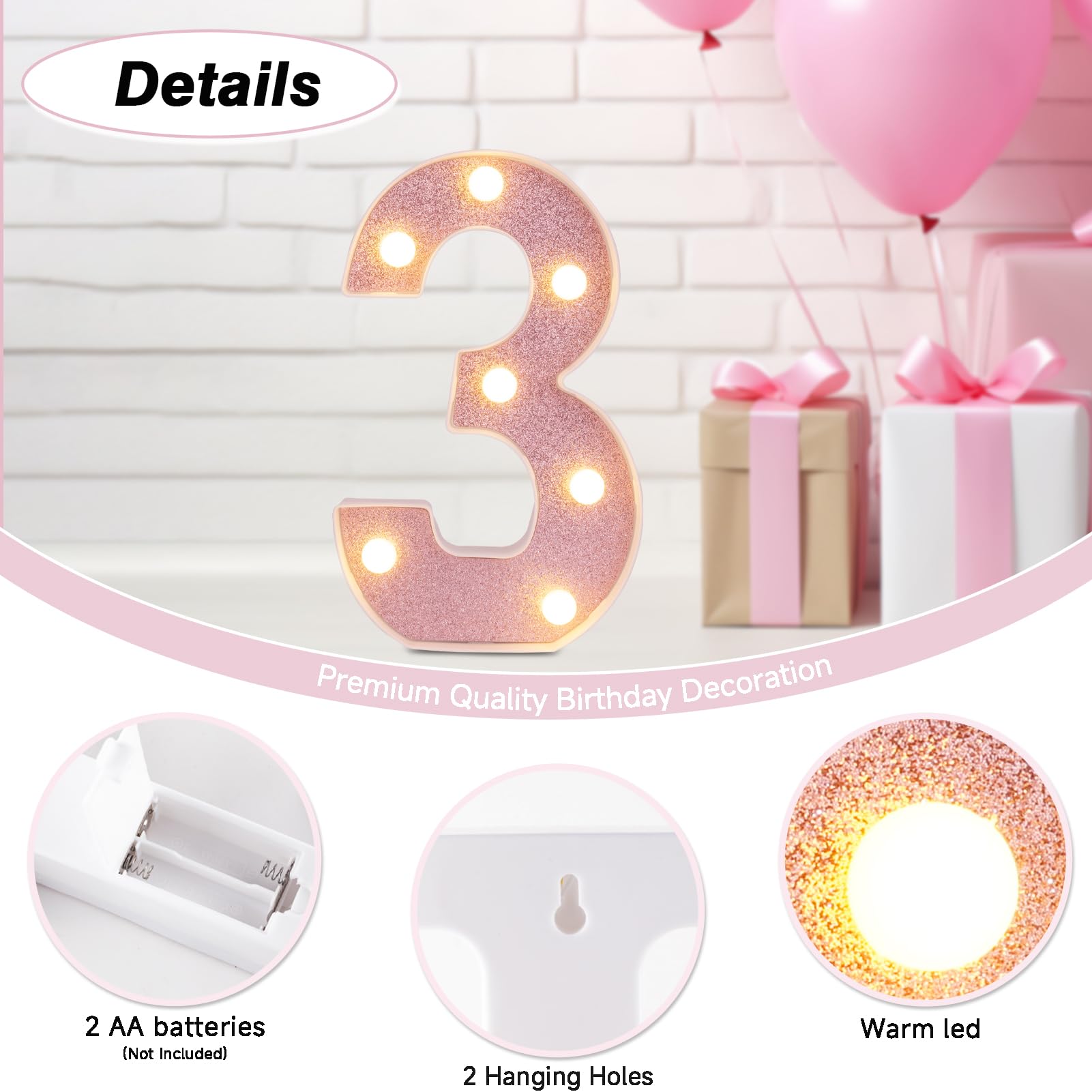 DyingSwan LED Marquee Number Light, 8.58 Inch, Pink Glitter, Battery Powered, Table Decor, Number 3