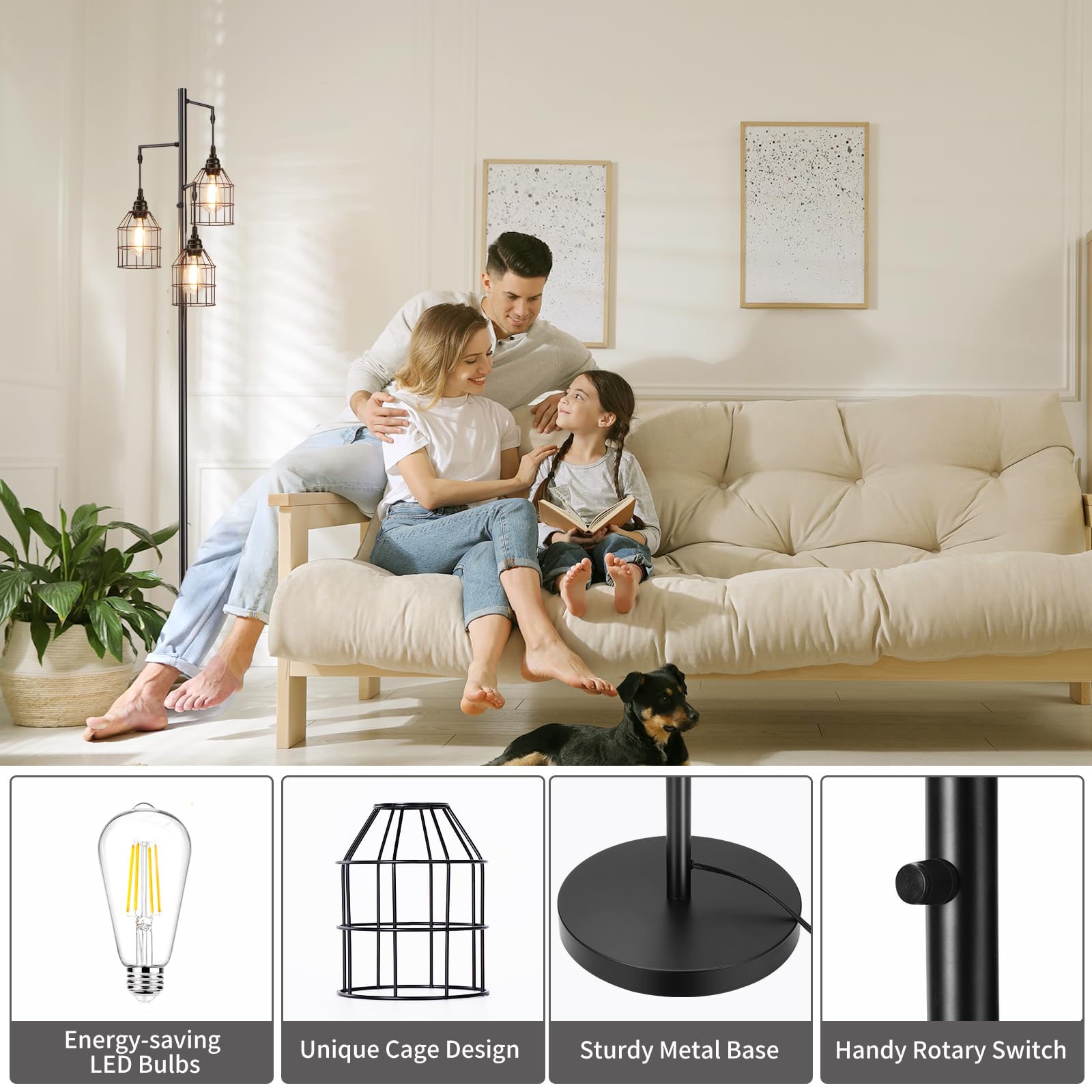 Sucolite 70'' Dimmable Floor Lamp For Living Room, Industrial 3-Light Tree Floor Lamp Black With Cages, Farmhouse Rustic Tall St