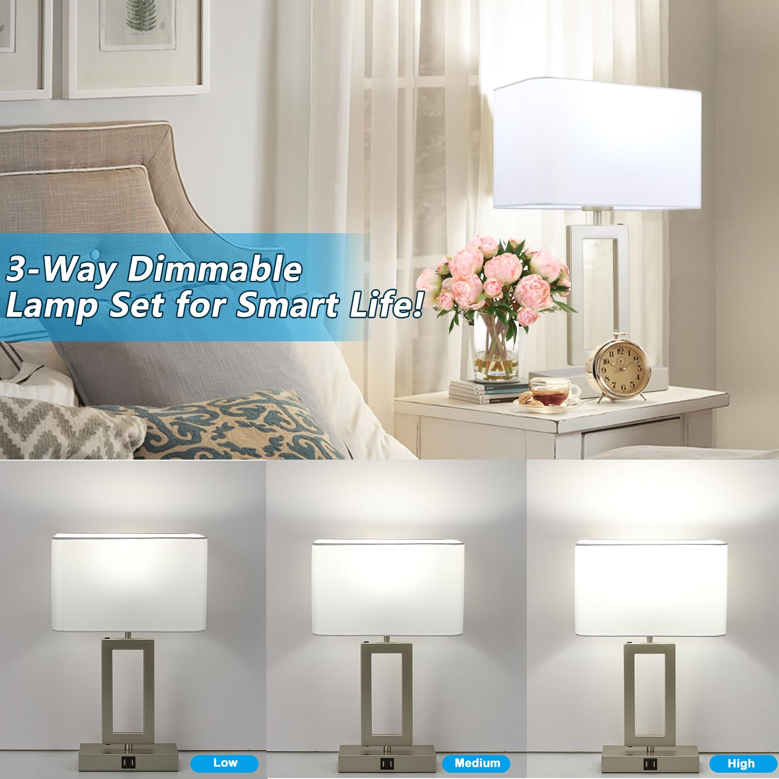 Brightwe Table Lamp Set Of 2 Lamps For Bedroom, Touch Control Table Lamps With 2 Usb Ports, 3-Way Dimmable Bedside Nightstand La