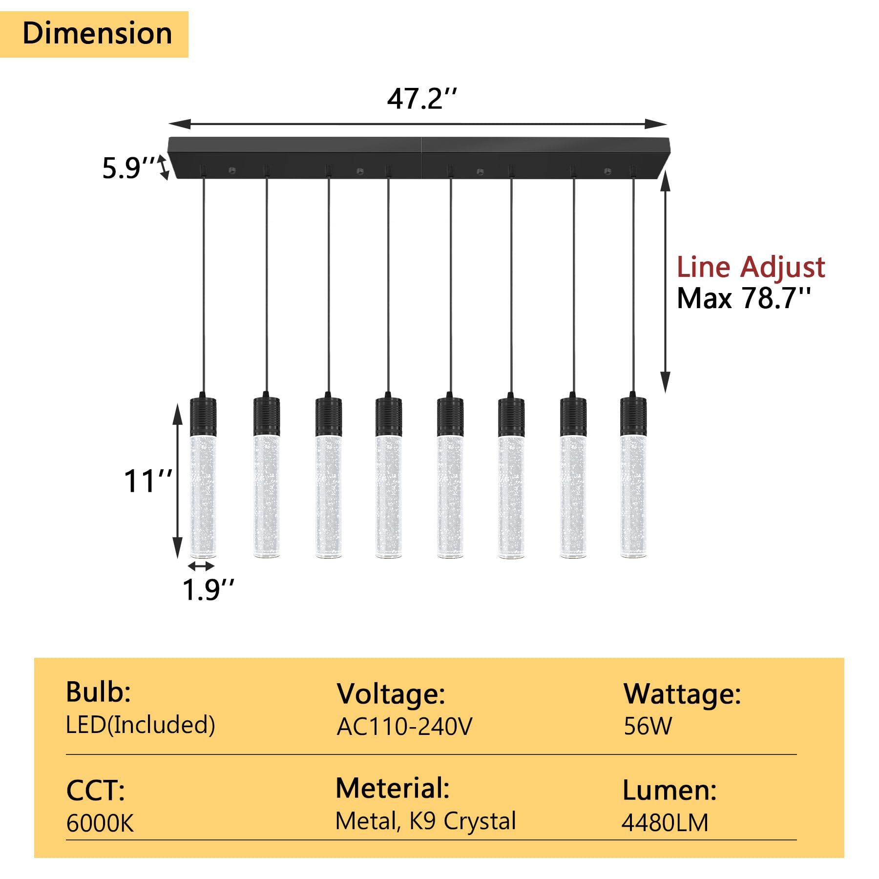Dolria 8-Lights Modern Crystal Chandeliers For Kitchen Island Pendants Lighting Fixture For Dining Room Led Ceiling Light For Hallway Foyer 6000K Black