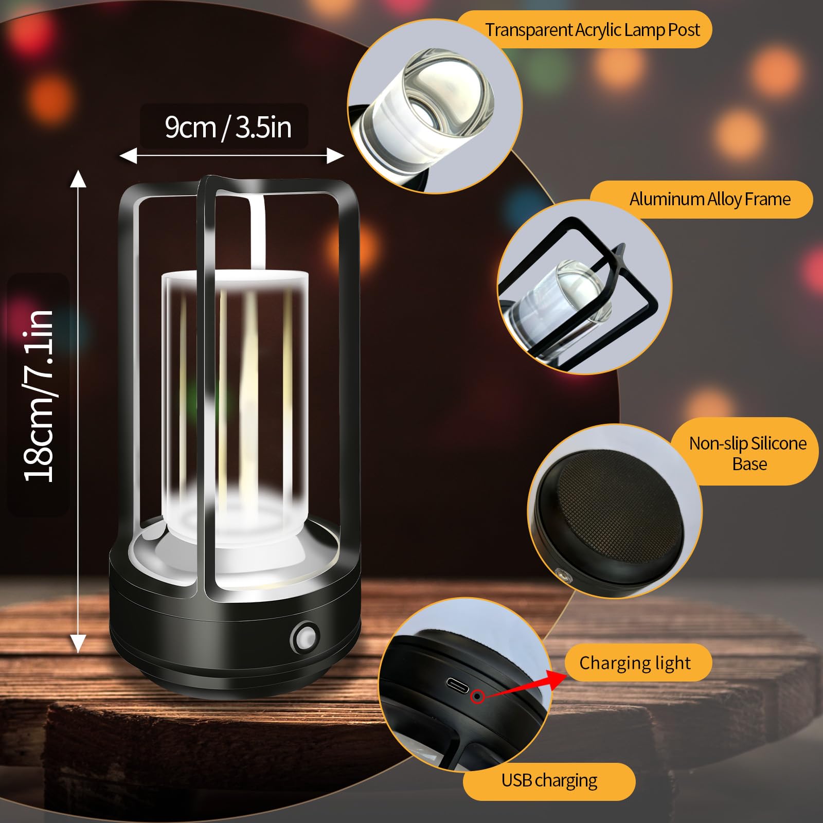 LAYSHINEEN Portable Metal Table Lamp, 4000 mAh Outdoor Table Lights Rechargeable, 3 Color Stepless Dimmable Battery Operated Lam